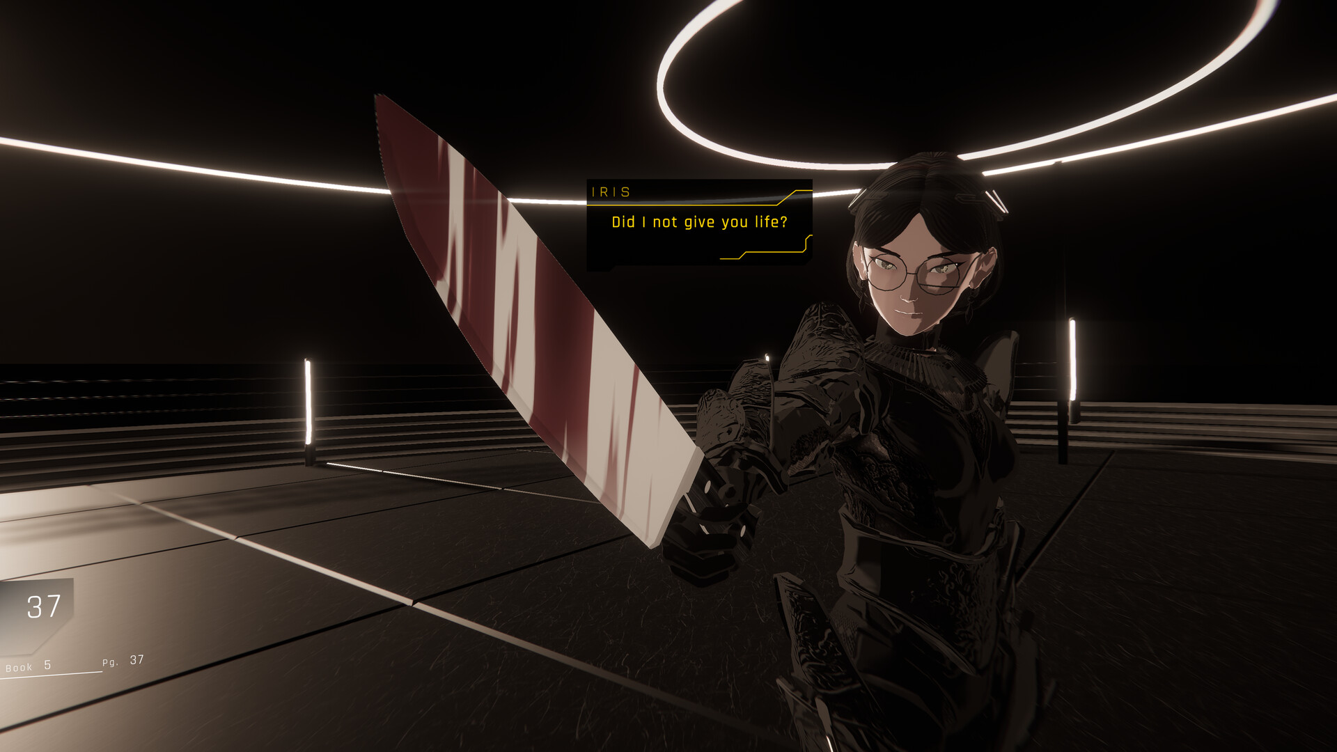 Watcher stands beneath a bright circular light in a dark chamber.