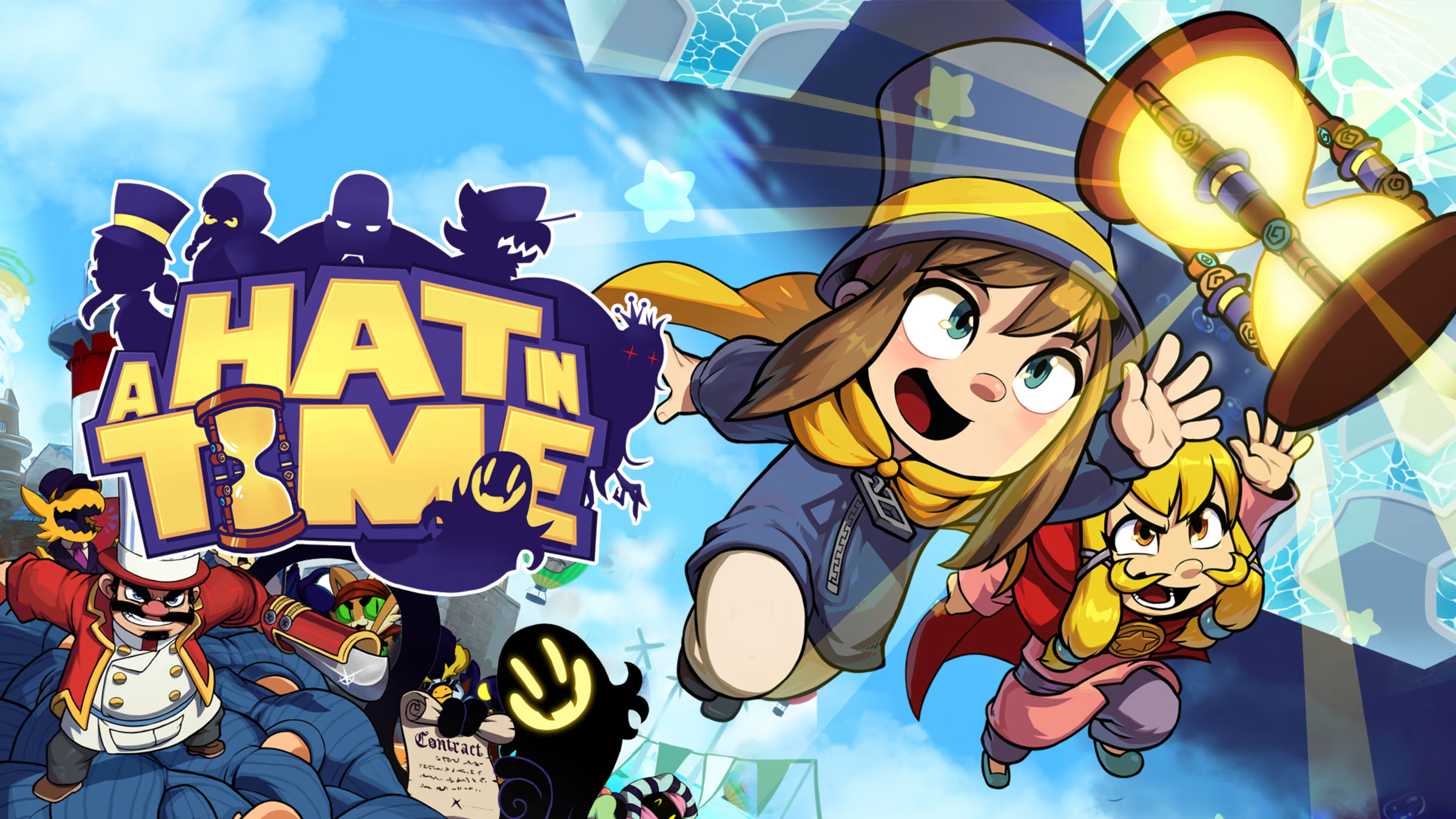 Hat Kid leaps through a colorful world beneath the A Hat in Time logo.