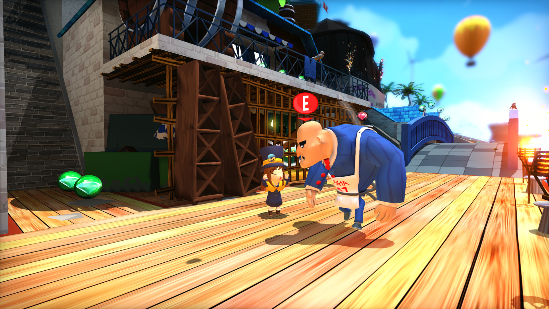 Hat Kid encounters a Mafia of Cooks member in a sunlit town.