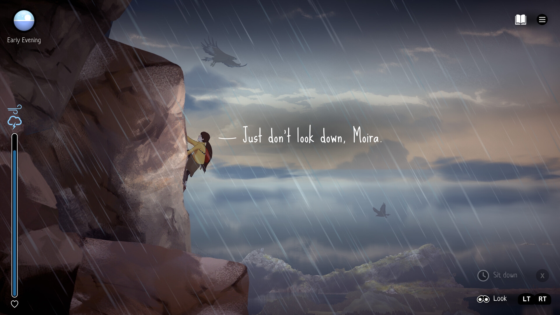 Moira climbs a steep cliff face in heavy rain.