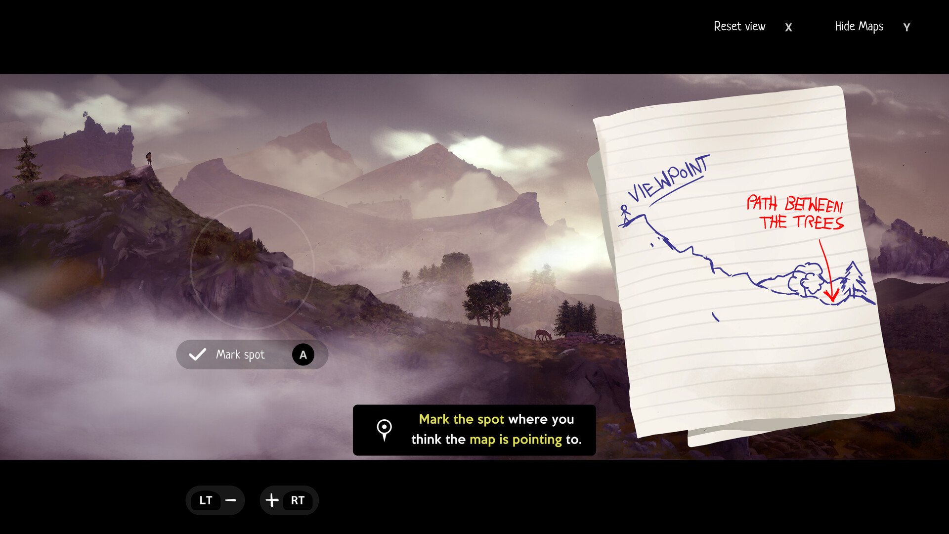 A hand-drawn map fragment helps Moira identify a route through the hills.