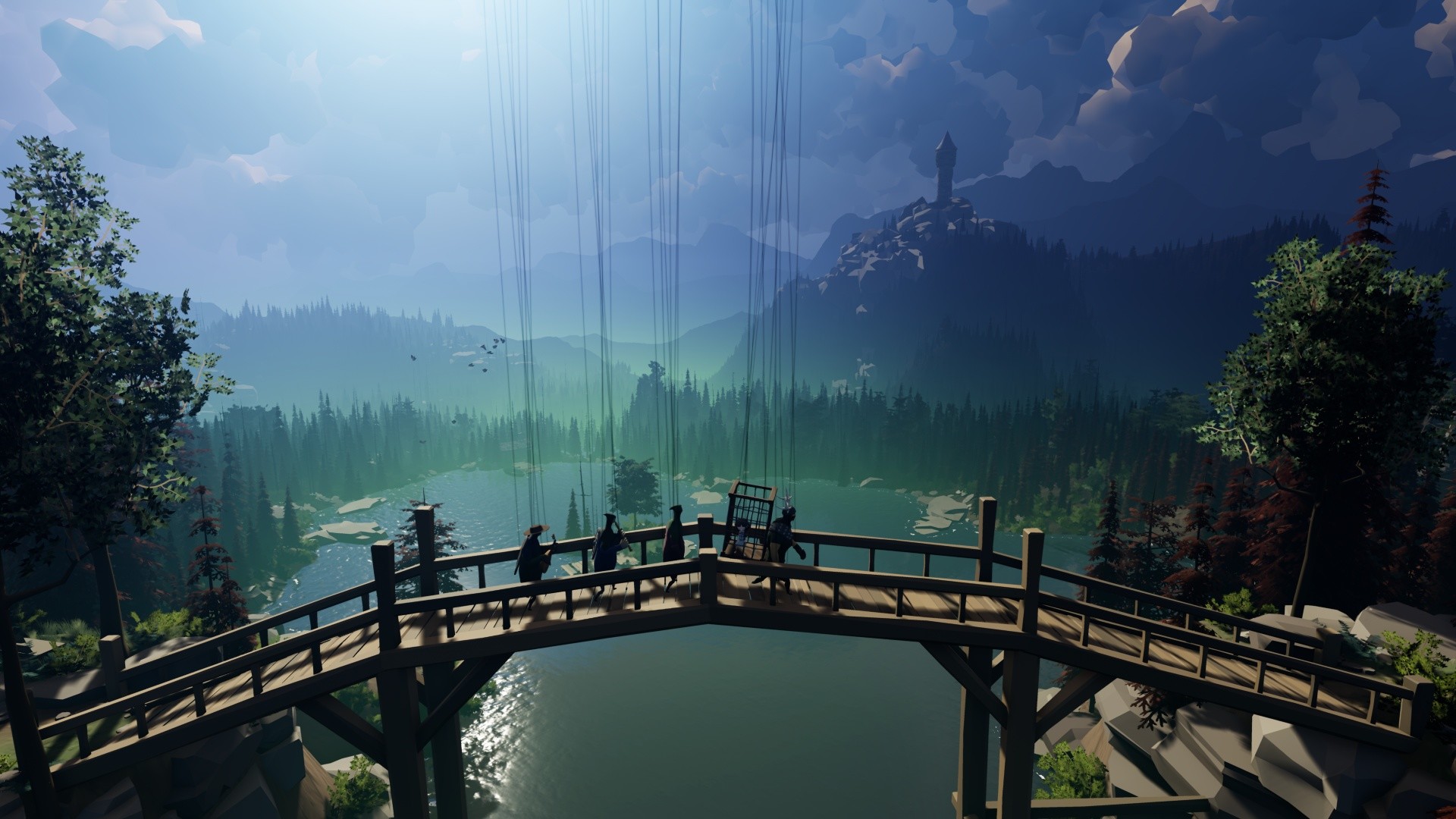 Abby crosses a bridge beneath the visible strings of the puppet stage.