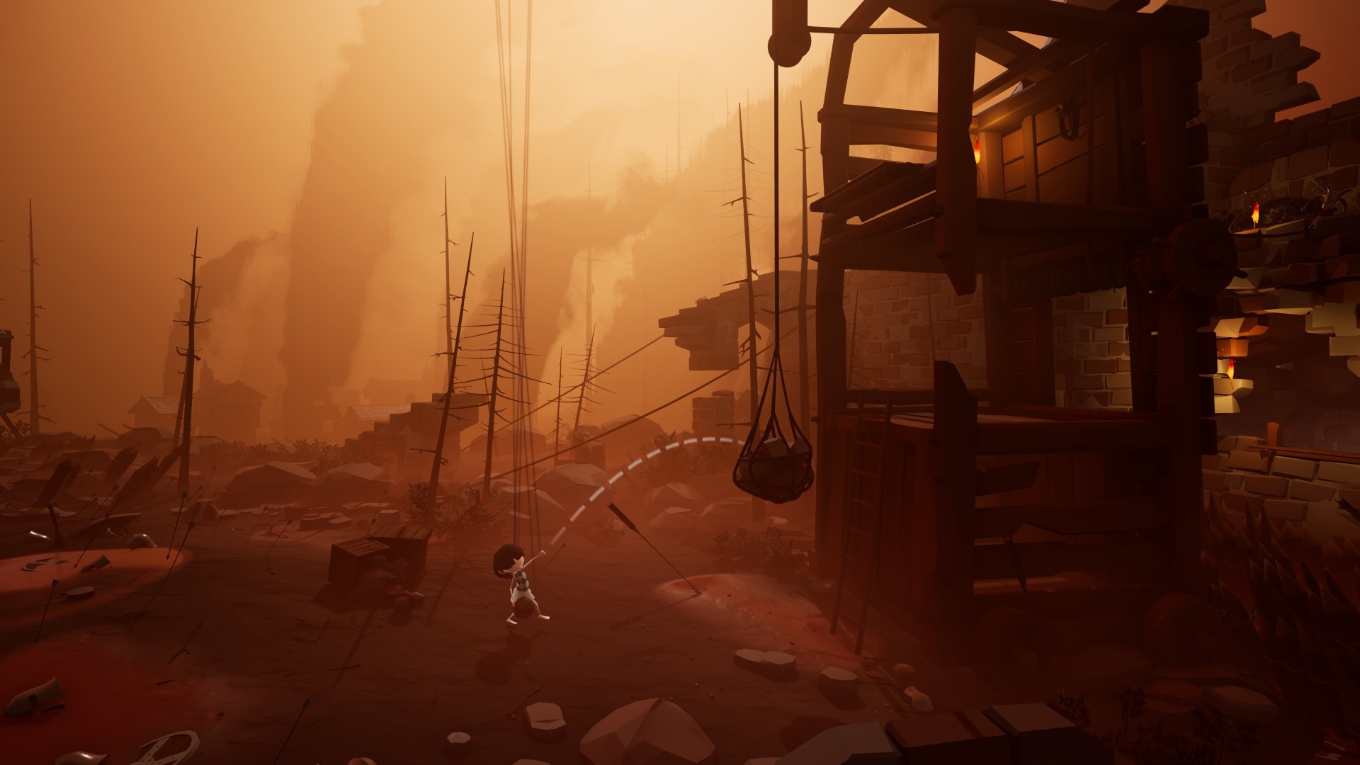 Abby approaches a hanging weight in a ruined orange-lit landscape.