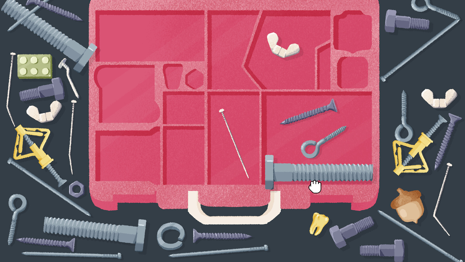 Hardware pieces are arranged inside a pink toolbox.