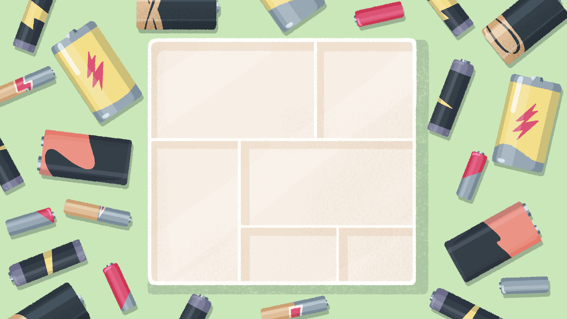 Batteries and small objects surround an empty sorting tray.