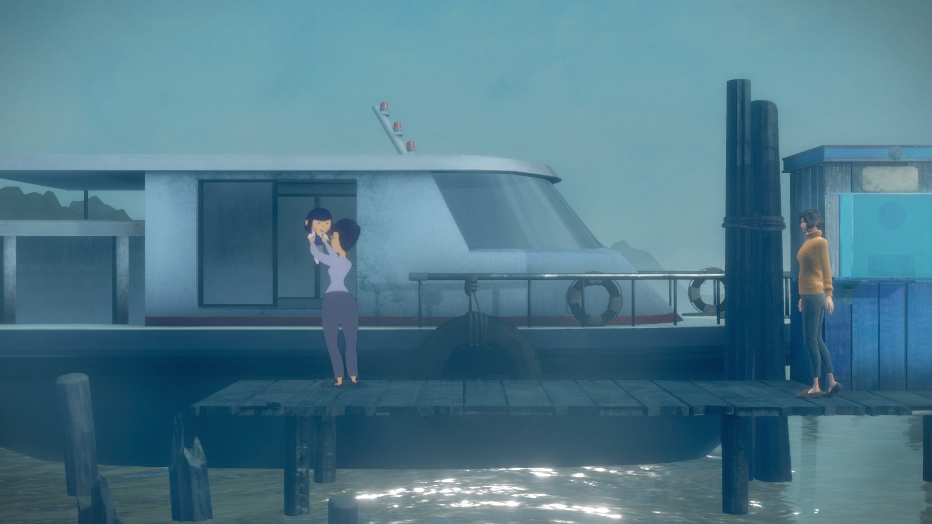 Two figures stand apart beside a waterfront building.