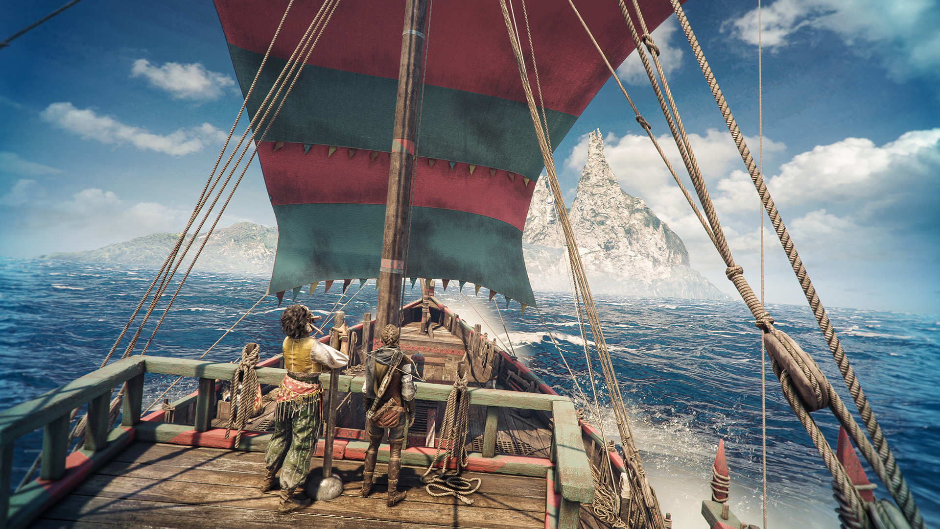 Amicia and Hugo travel aboard a sailboat towards a mountainous island.