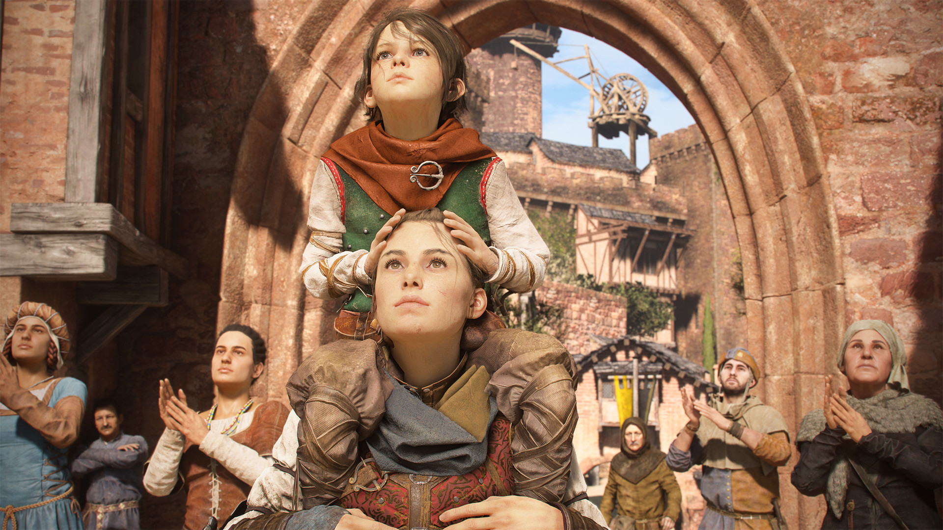 Hugo rides on Amicia’s shoulders during a gathering in a town.