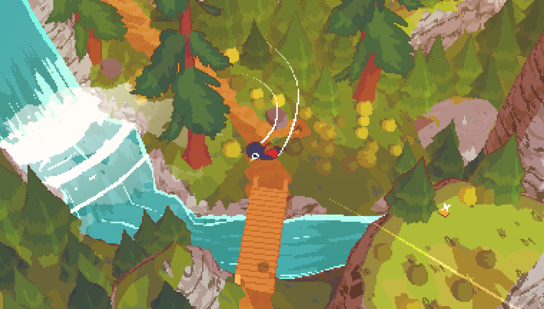 Claire climbs a wooden lookout above a river and waterfall.
