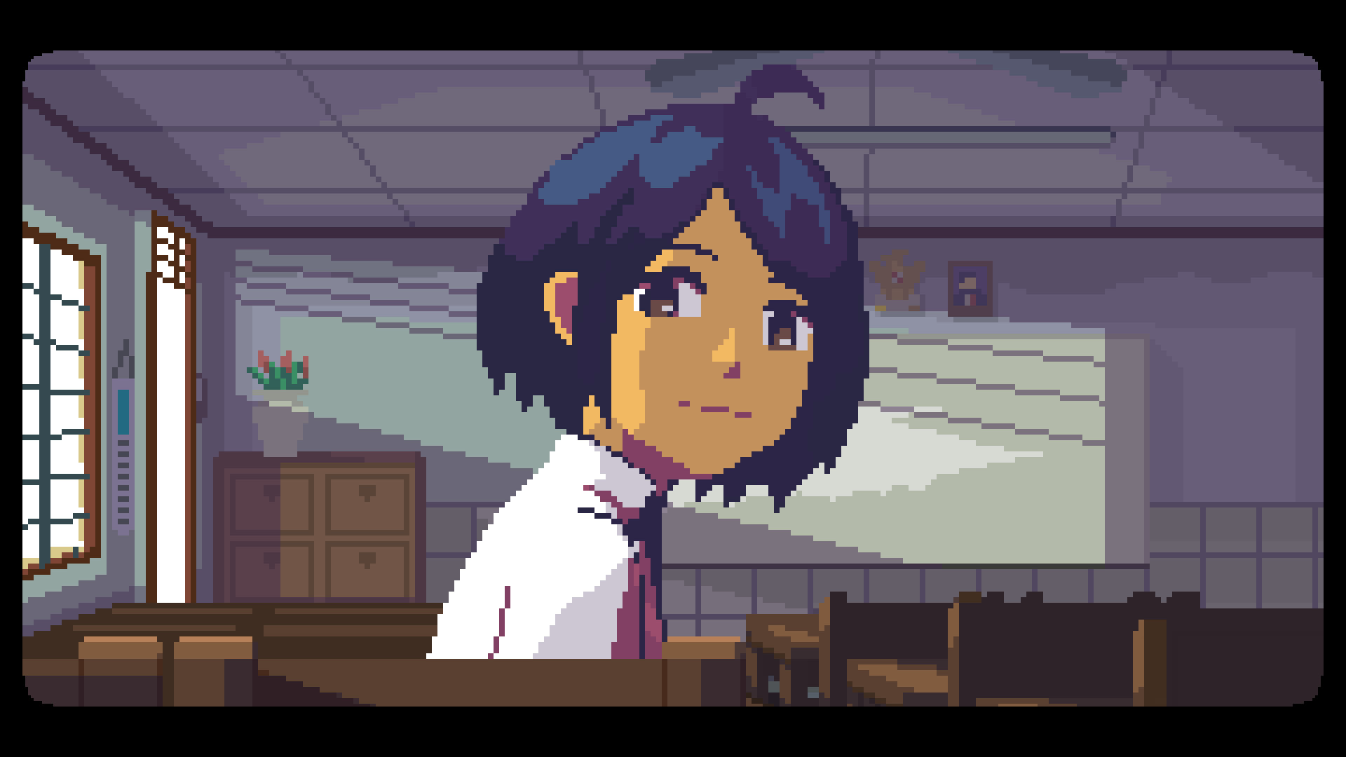 A young woman appears in close-up inside a pixel-art room.