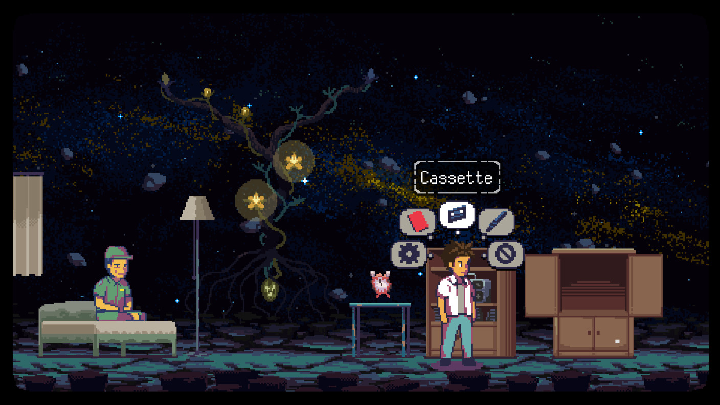 Atma stands beside household objects and a cassette prompt in a strange interior.