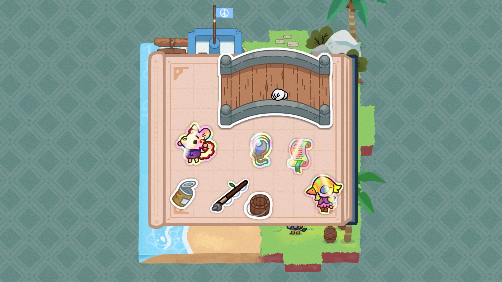 Flynn’s sticker album holds island objects, characters and a bridge sticker.