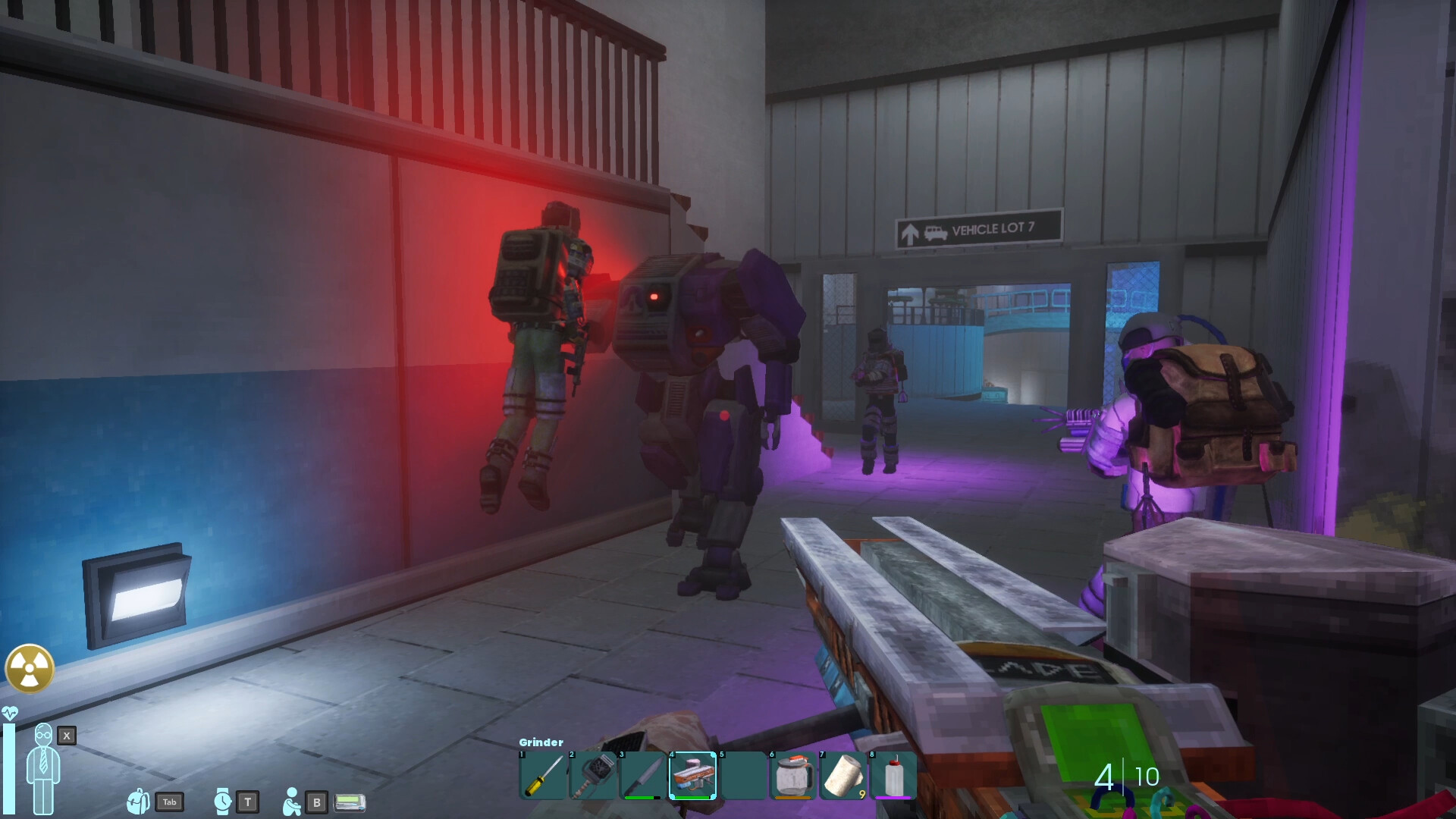 The player confronts hostile figures inside a research facility.