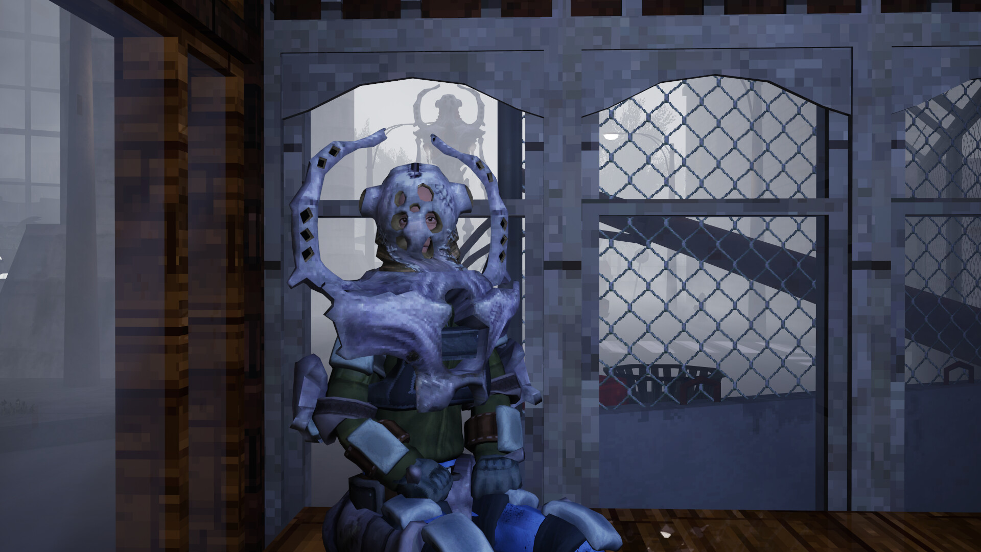 An armoured creature stands beside a fenced doorway.