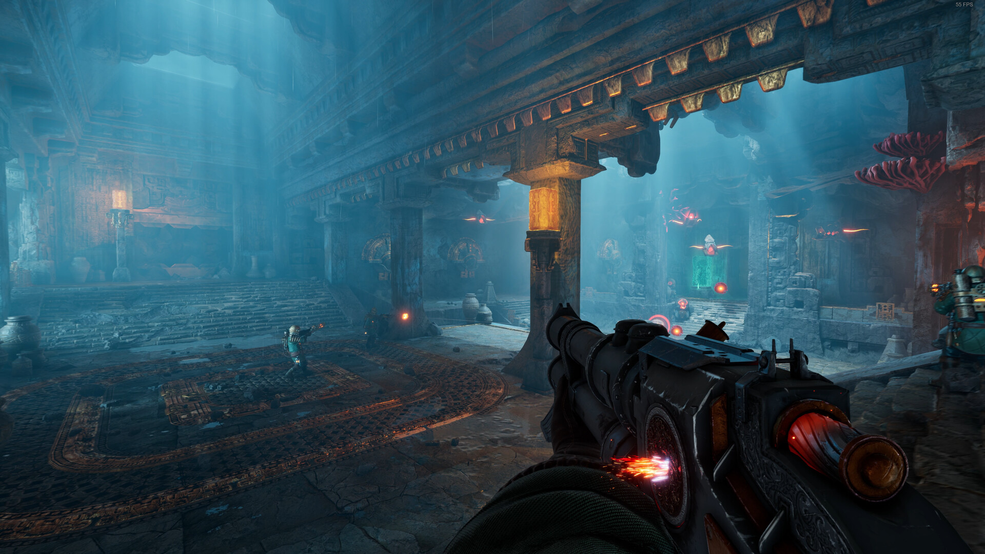 The player aims a weapon through a submerged industrial chamber.