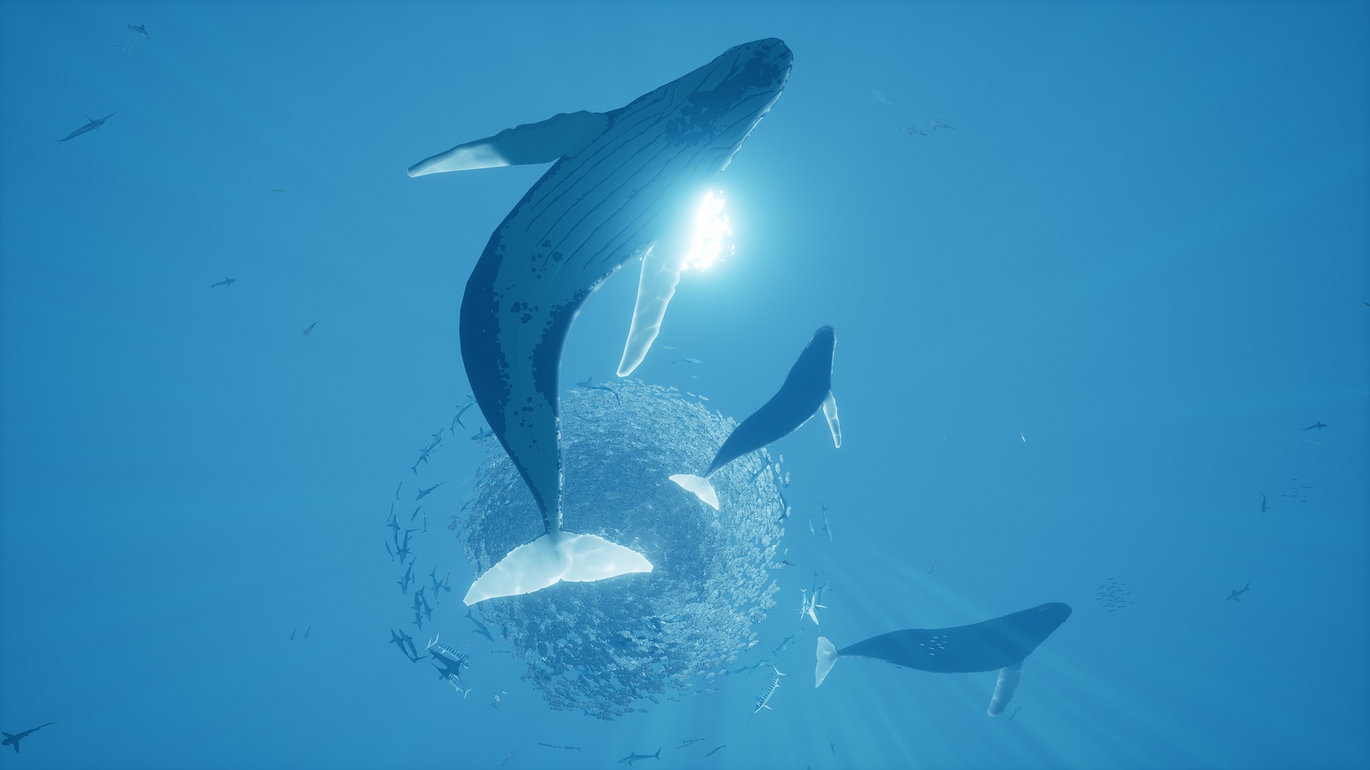 A whale rises through blue water above circling fish.