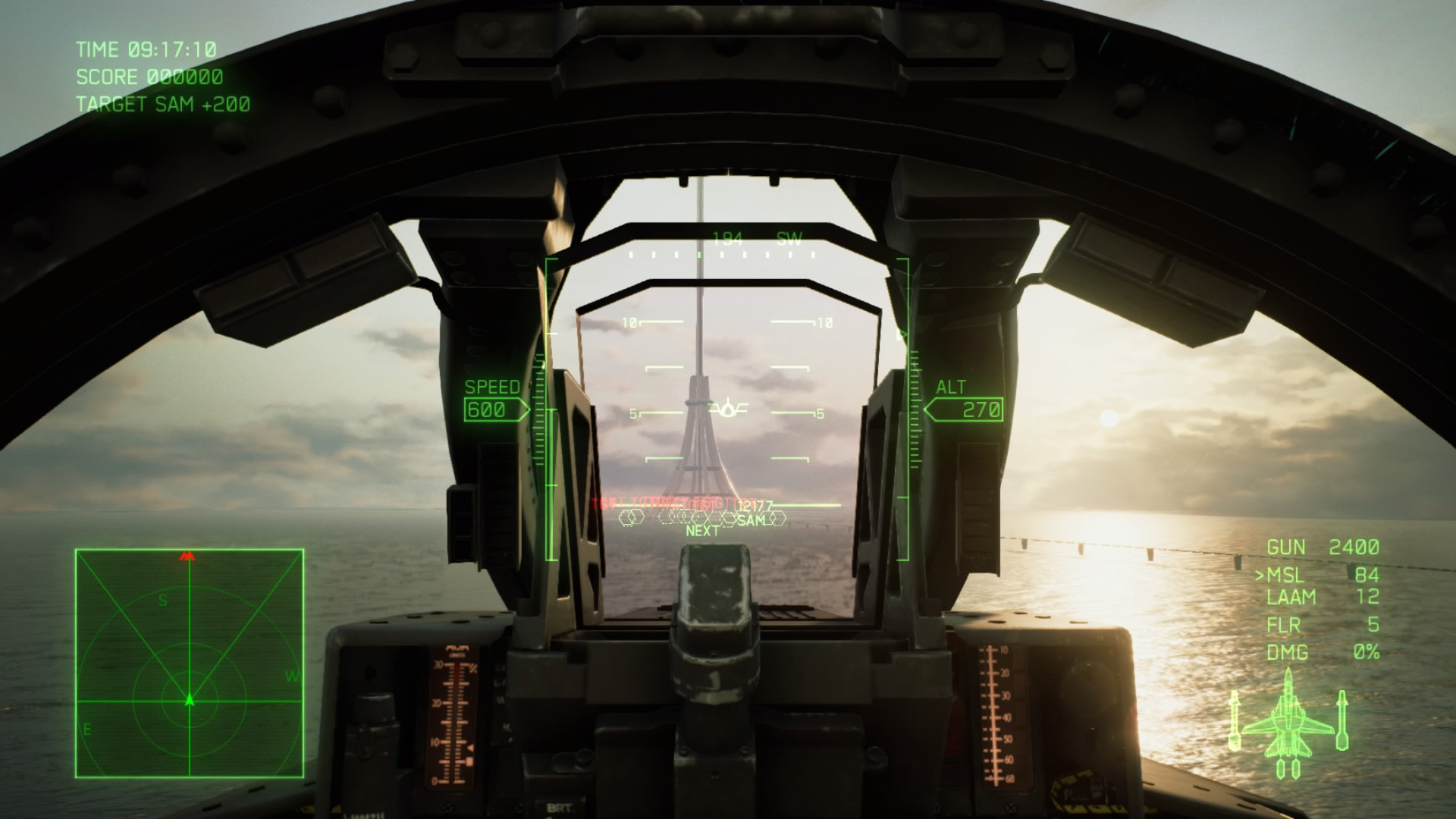 A cockpit view during an aerial mission.