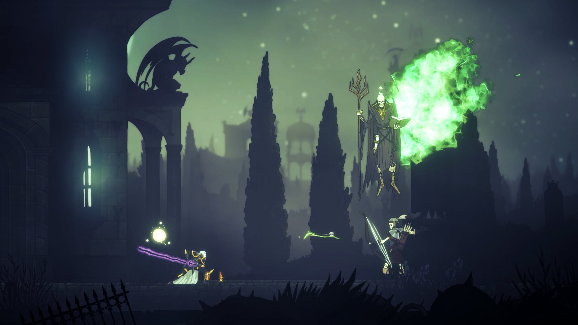 The King of Darkness confronts a green-lit enemy in a ruined landscape.