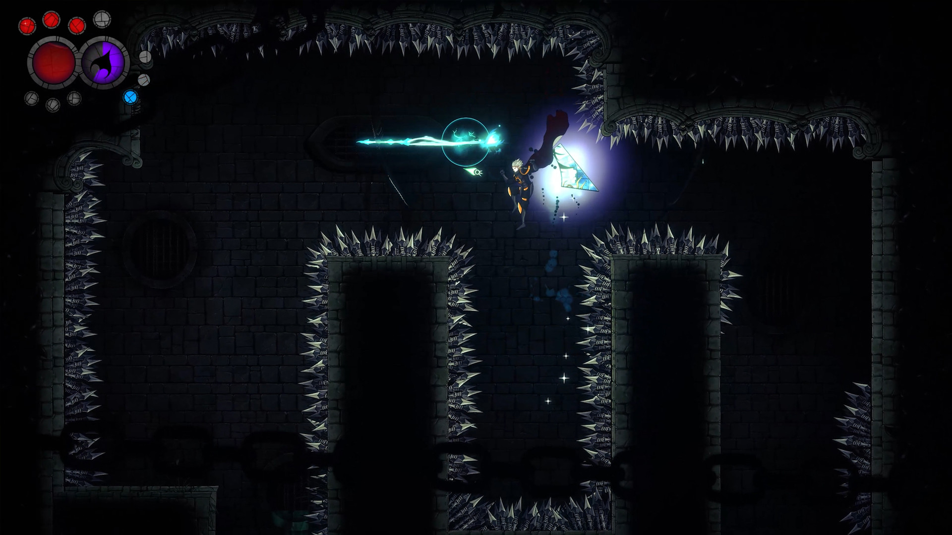 A character uses a glowing movement ability between spike-lined platforms.
