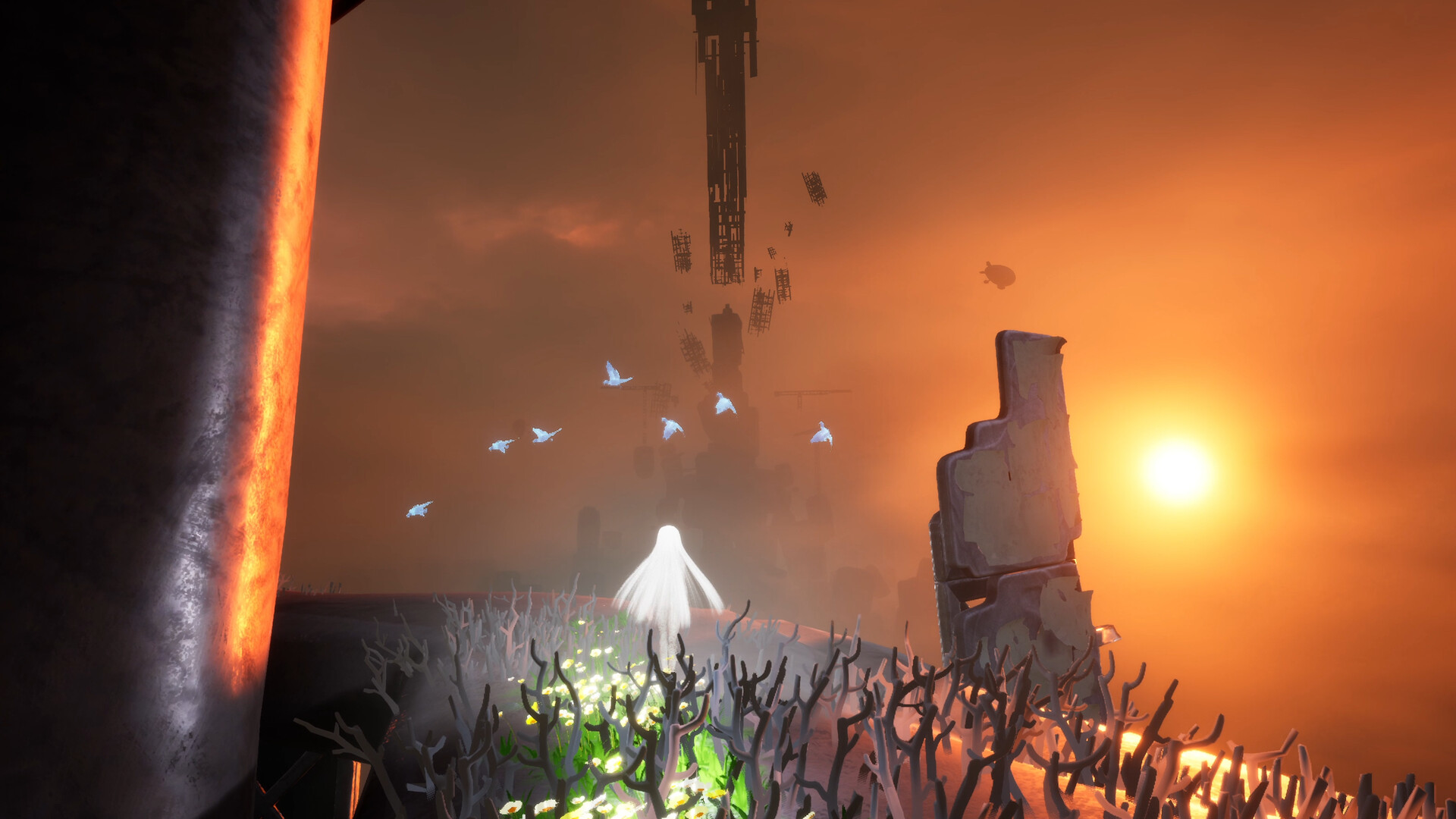 Gaia looks toward a ruined city beneath an orange sky.