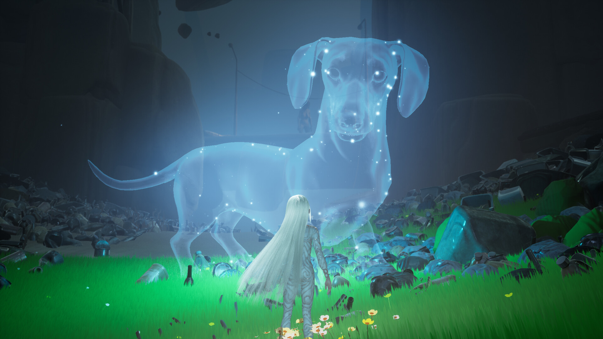 Gaia stands before a luminous dog in an overgrown wasteland.