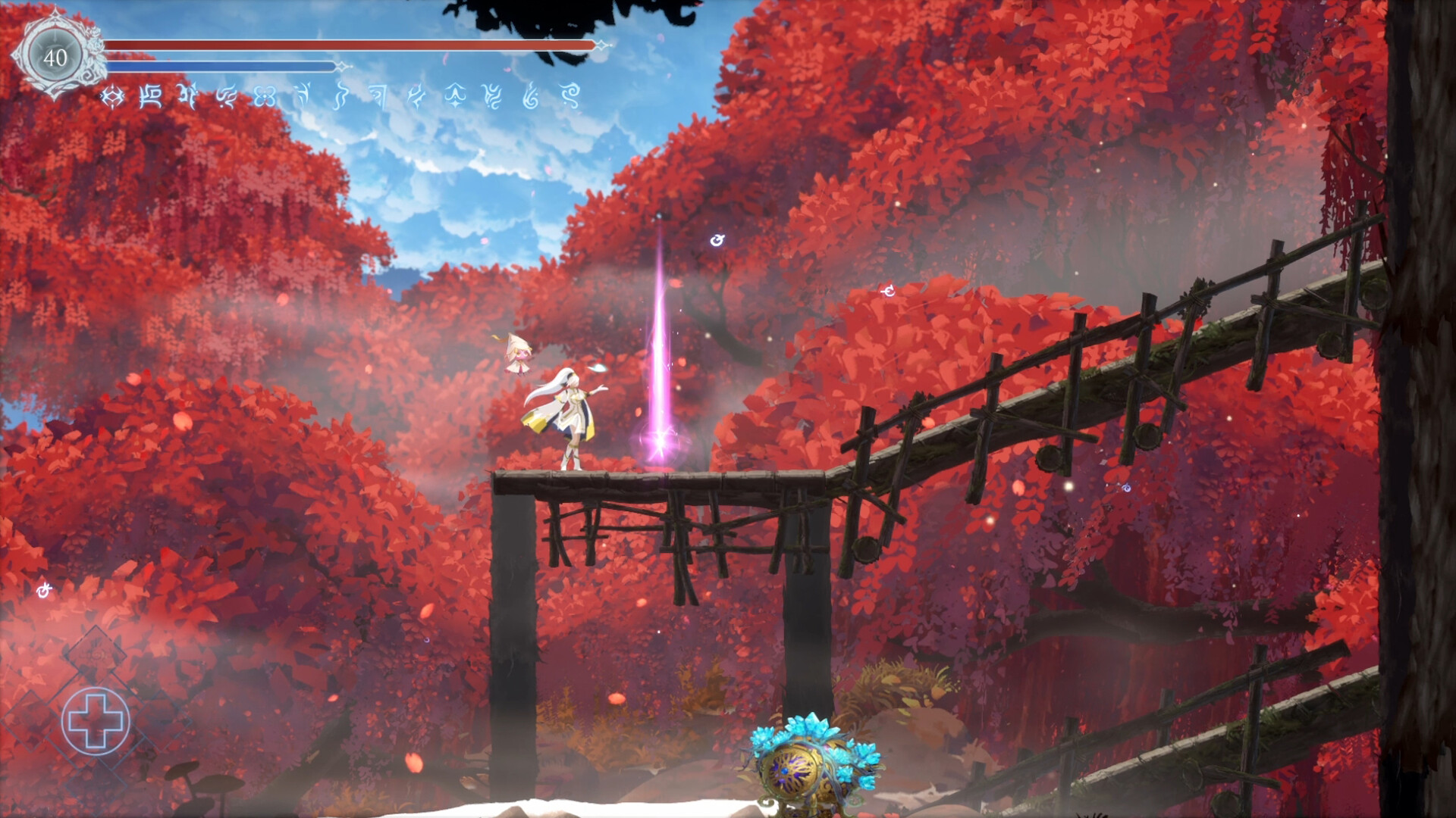 Renée stands on a wooden bridge amid red autumn trees and a glowing marker.