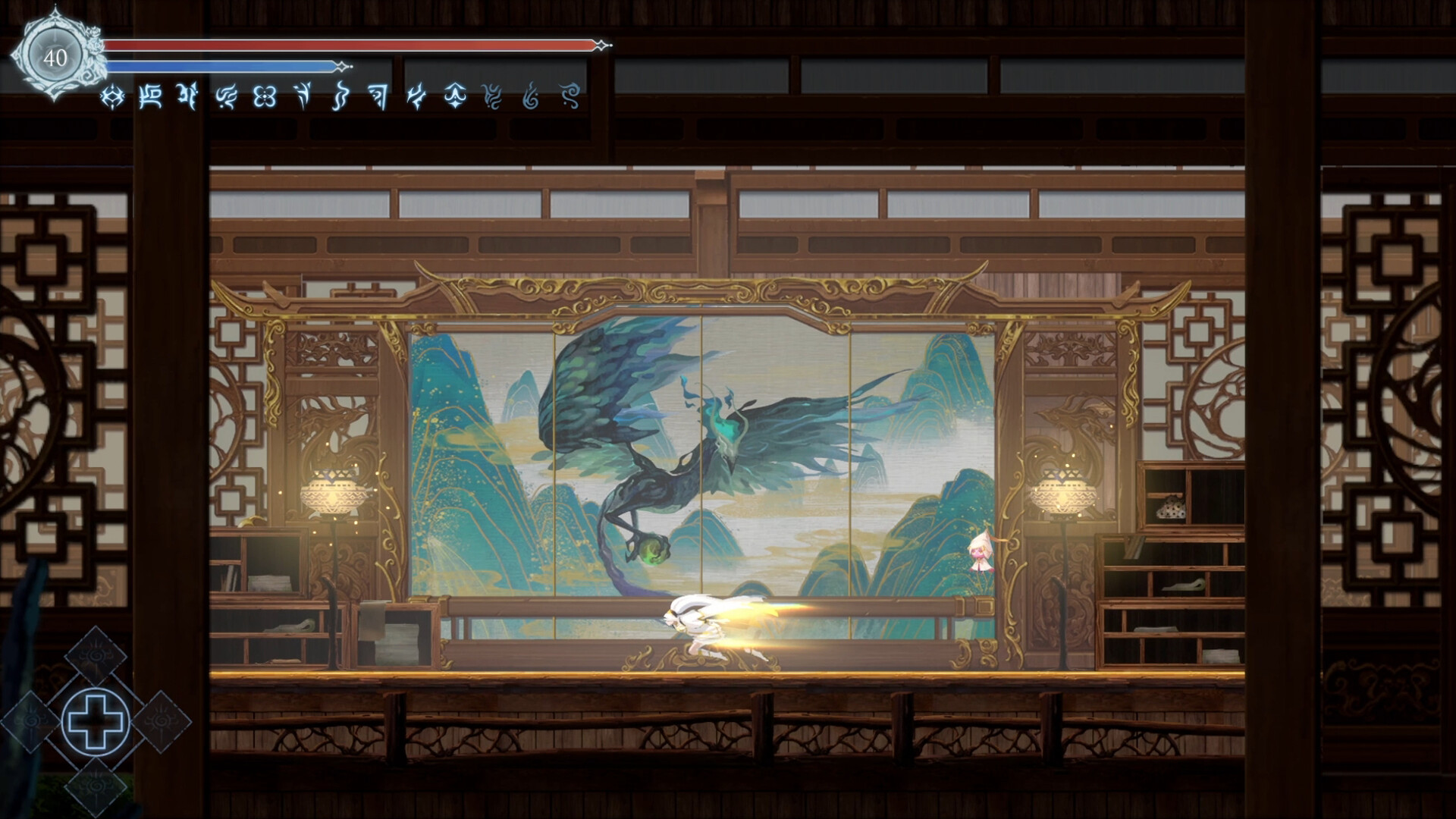 A white-haired figure crosses an ornate room before a painted mural.