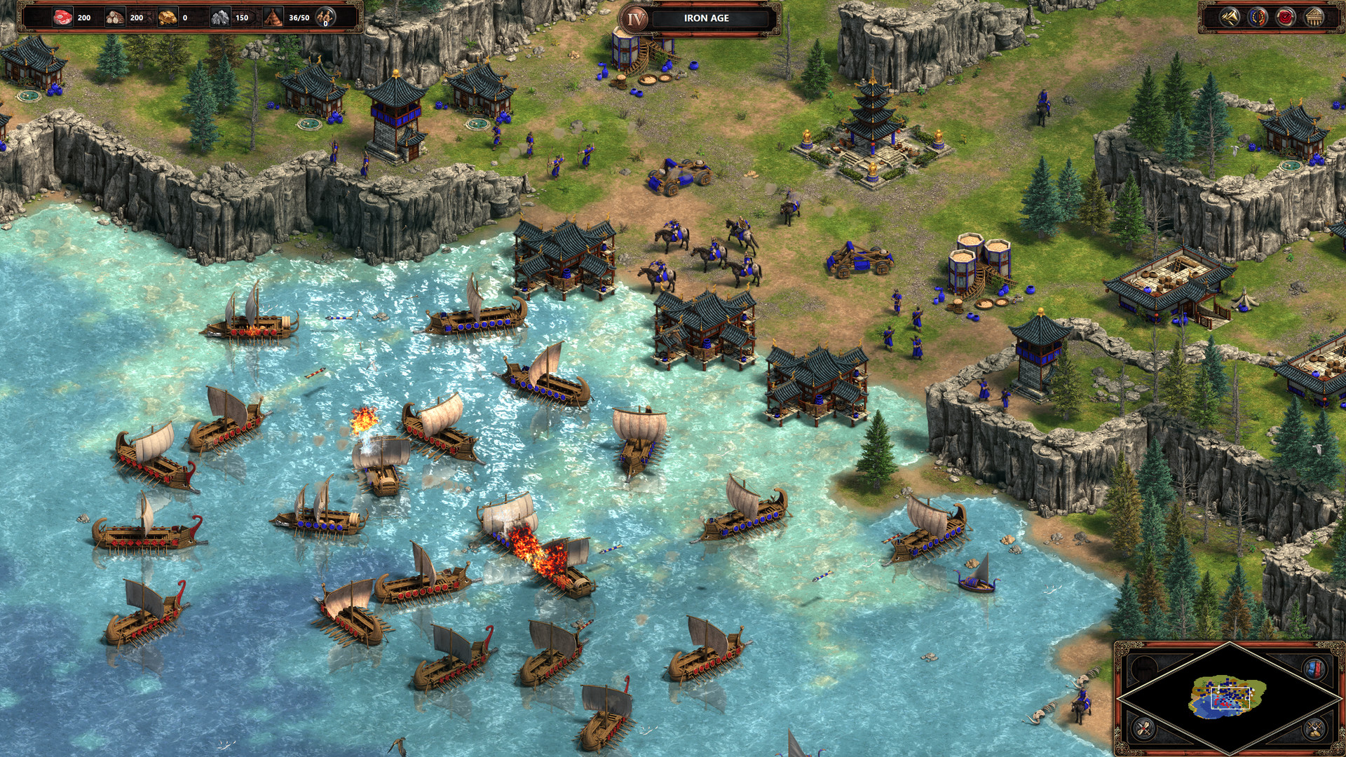 Ships clash on the water beside a defended shoreline.