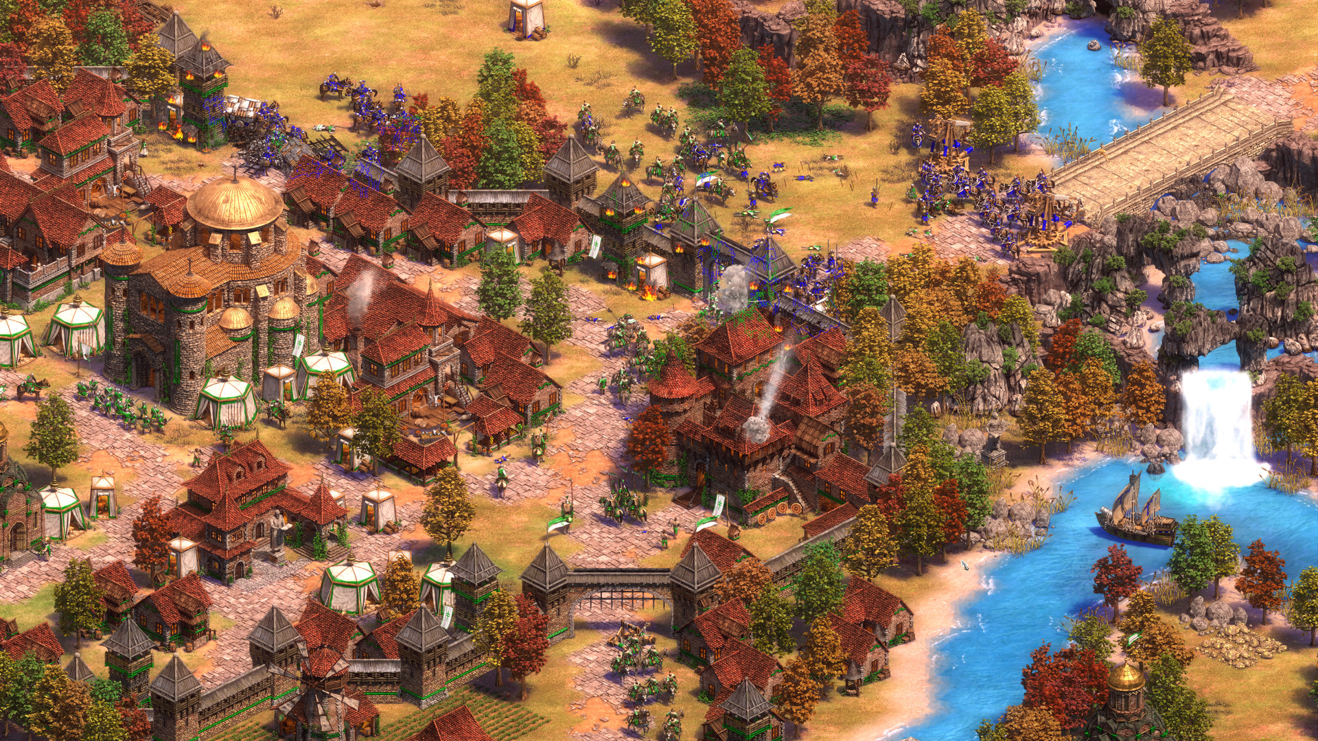 A large settlement and army fill a river valley.