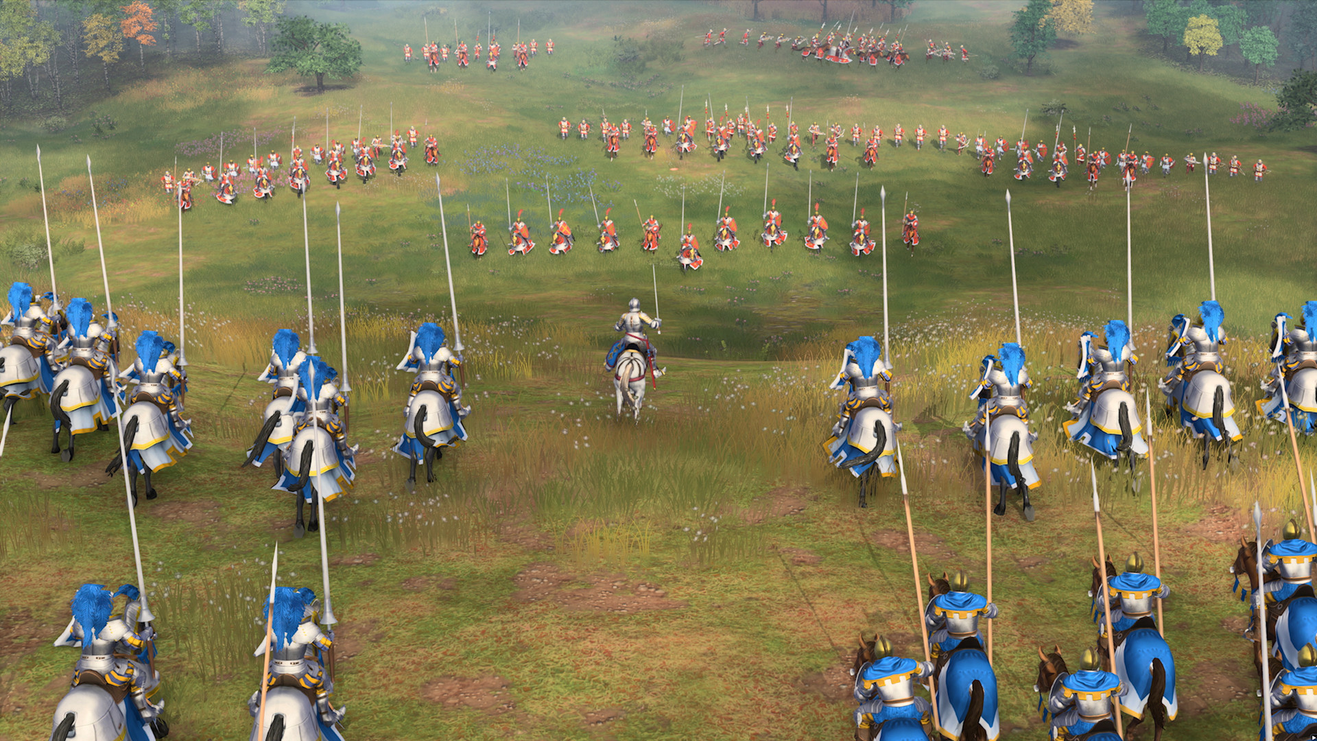 Mounted troops approach a line of infantry on an open battlefield.