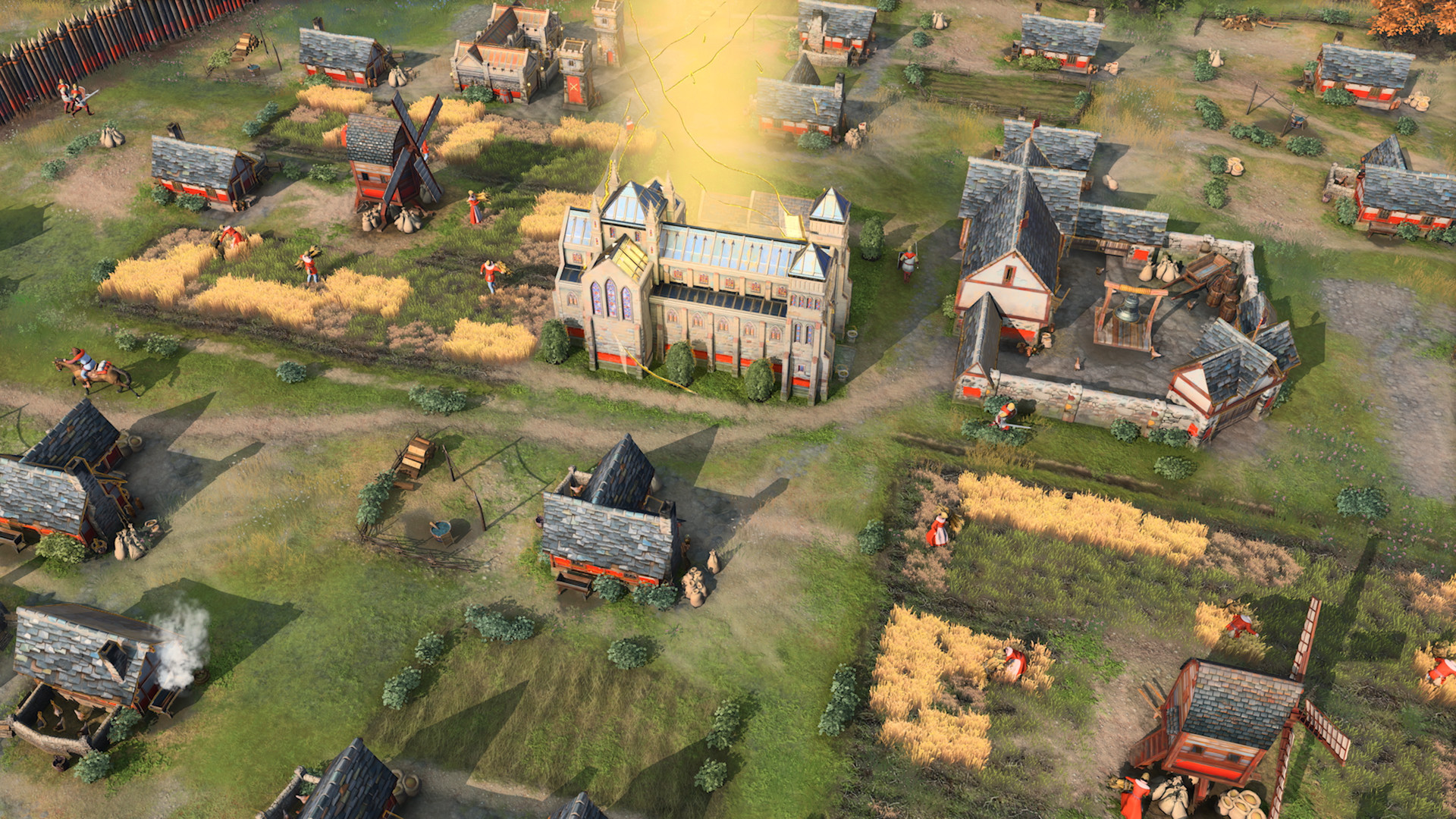 A settlement grows around a central landmark and farm plots.