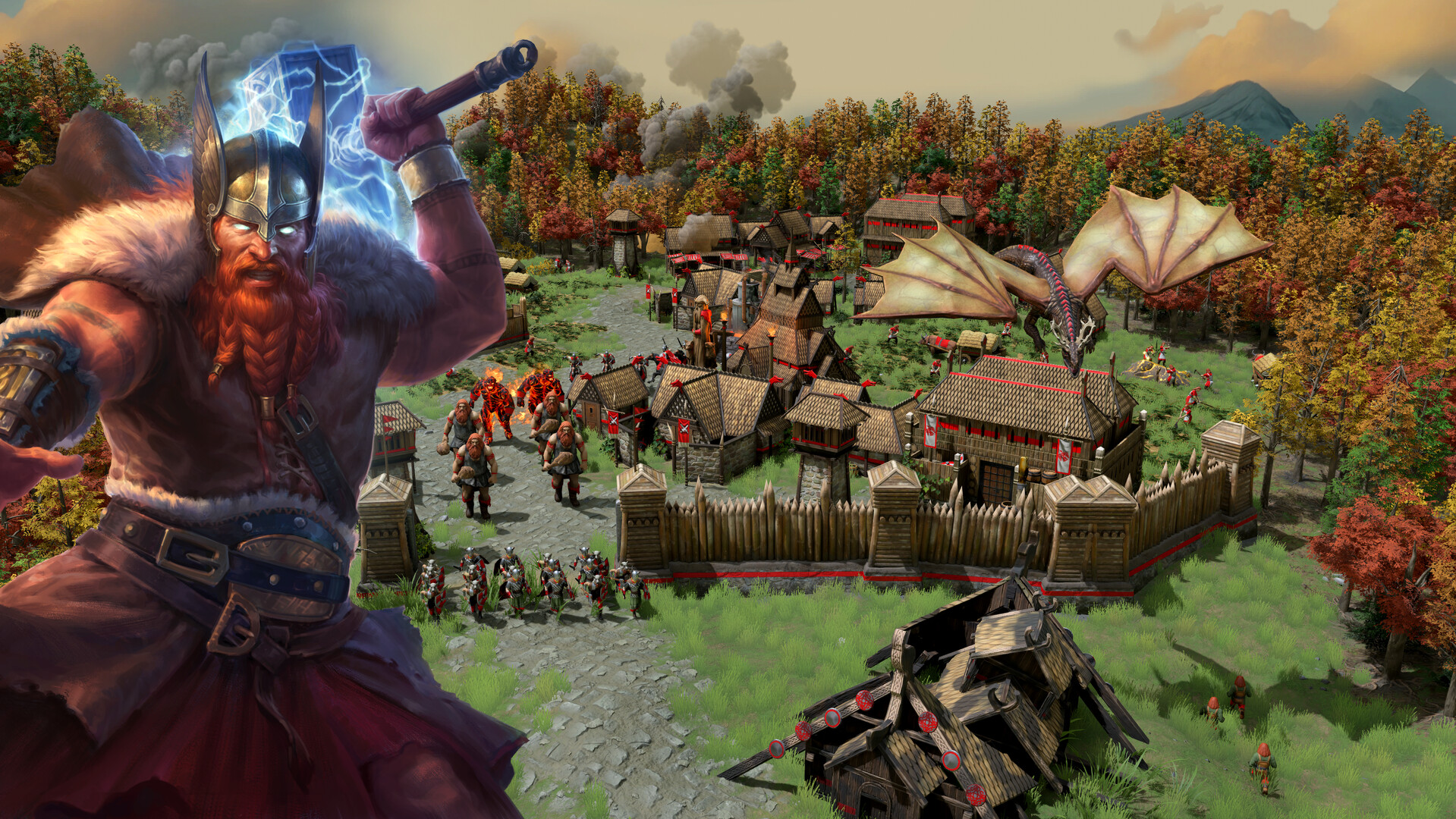 A Norse warrior stands before a fortified settlement.