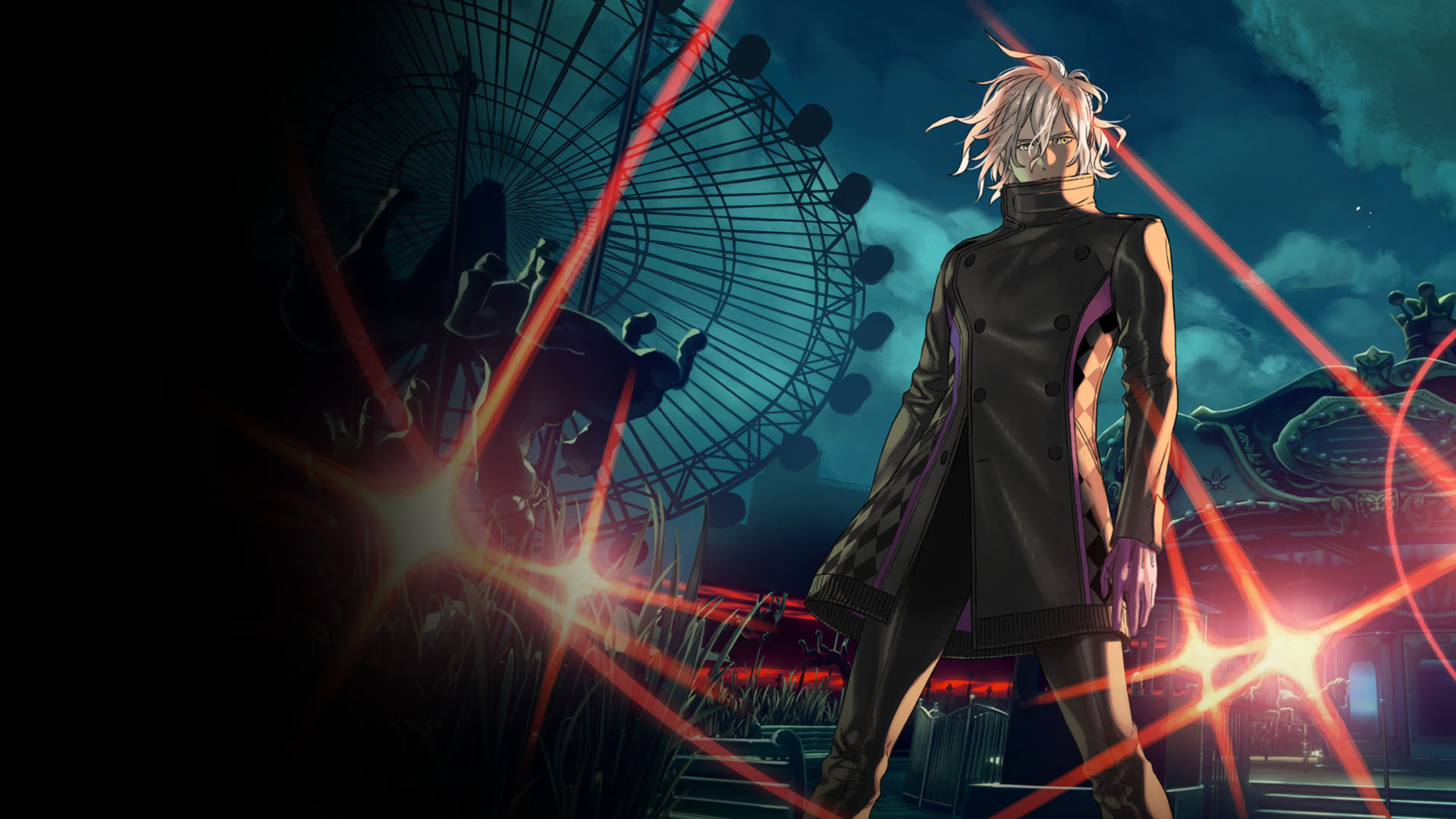 Kaname Date stands before a ferris wheel in AI: The Somnium Files key art.