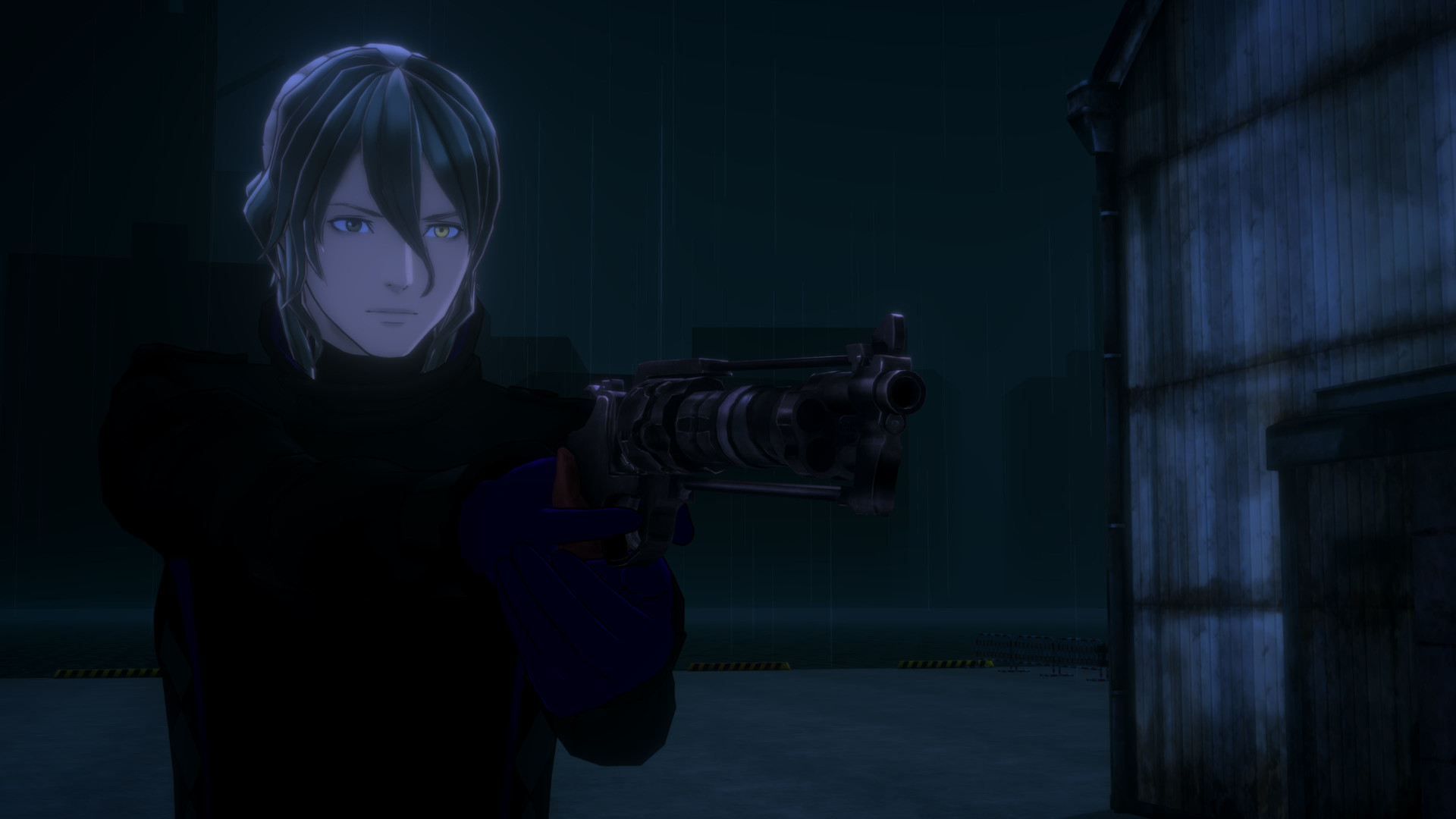 Kaname Date aims a gun in a dark corridor.