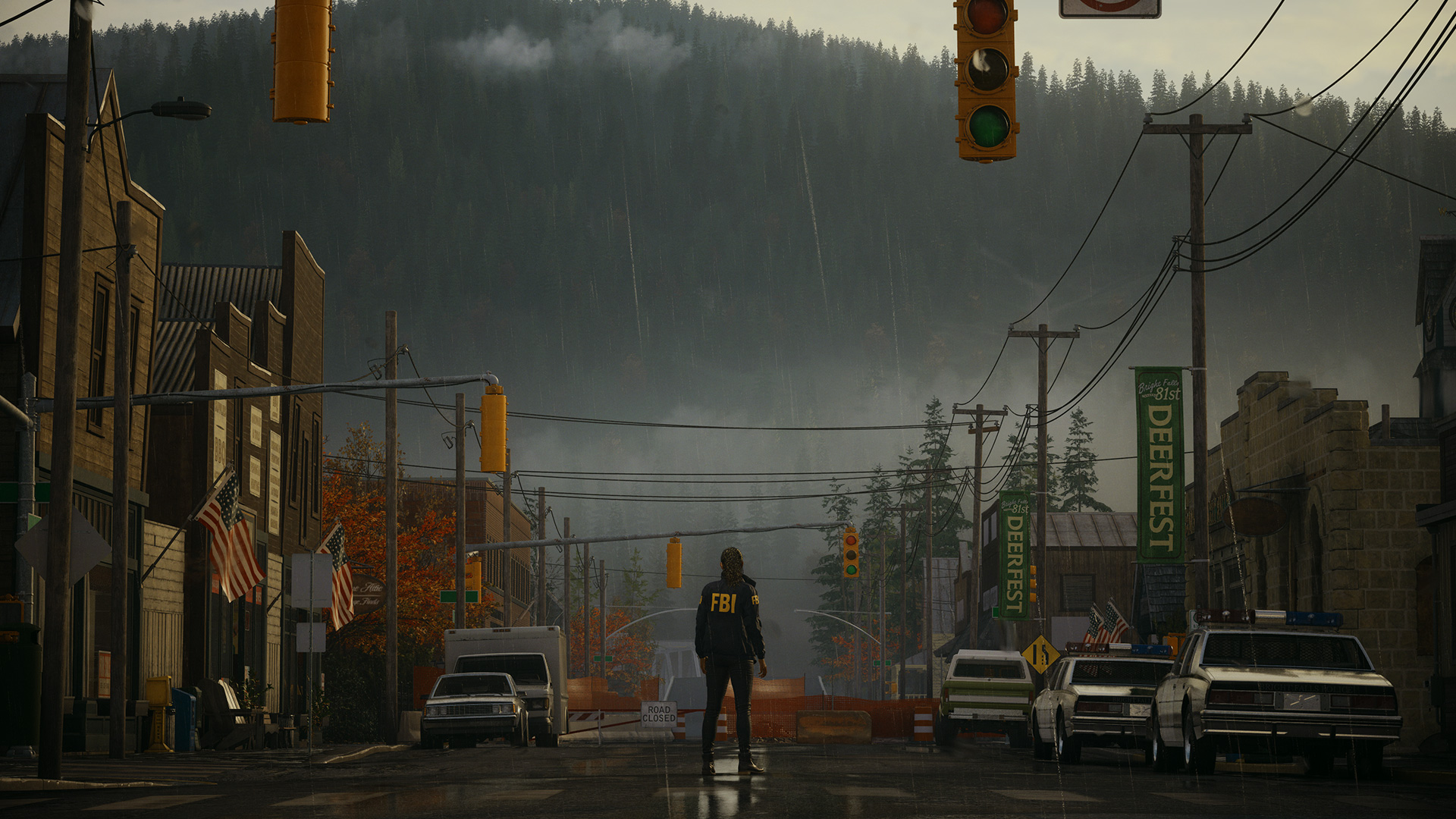 Saga stands on a rain-soaked street in Bright Falls.