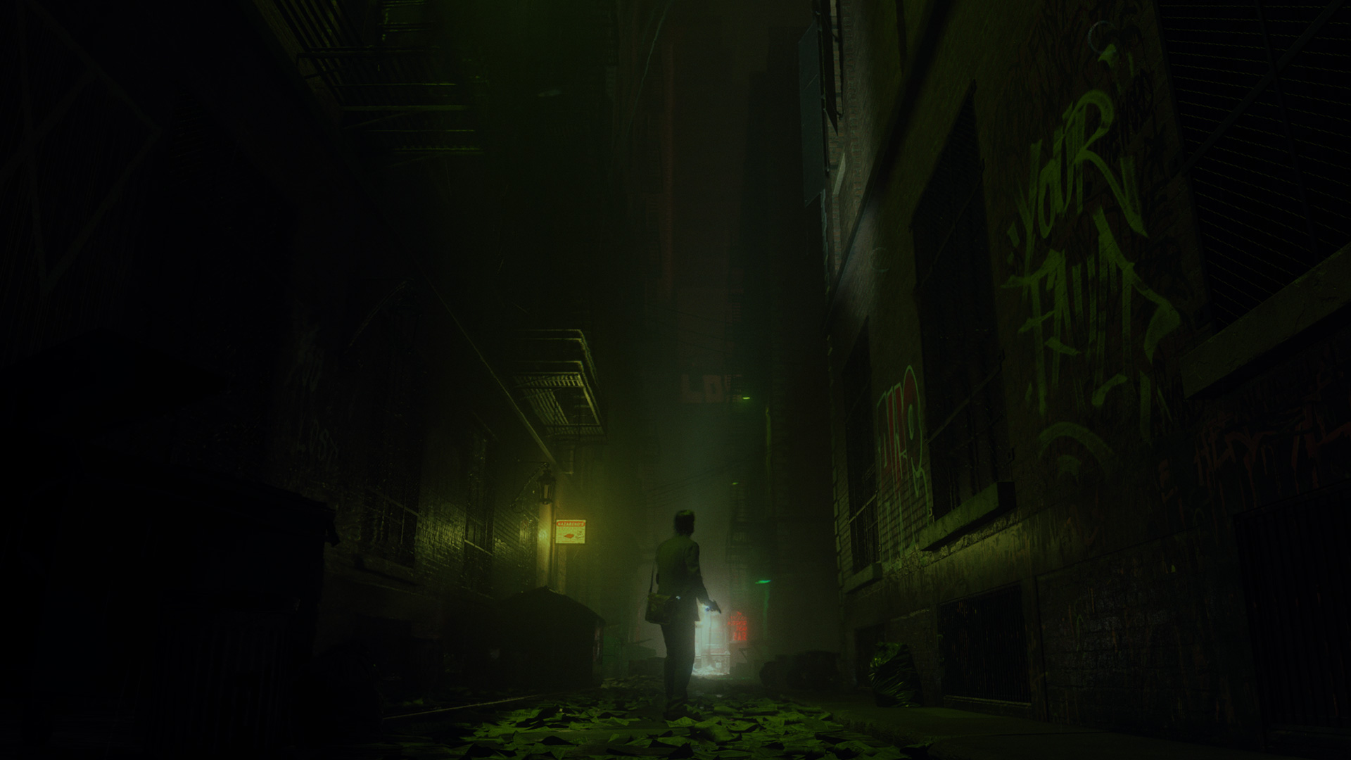 Alan walks through a dark, green-lit alley.