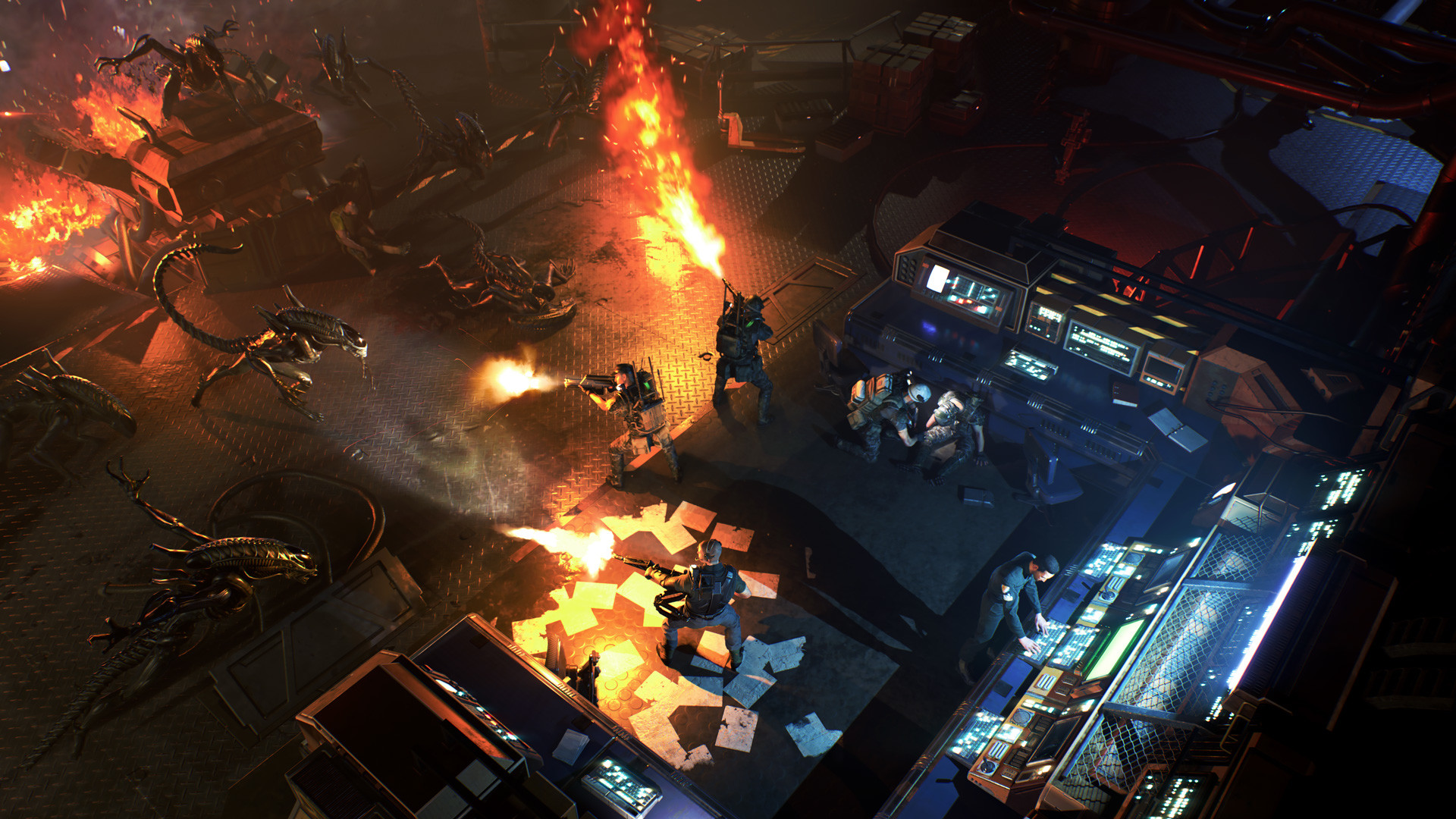 Colonial Marines defend a control room as Xenomorphs approach.