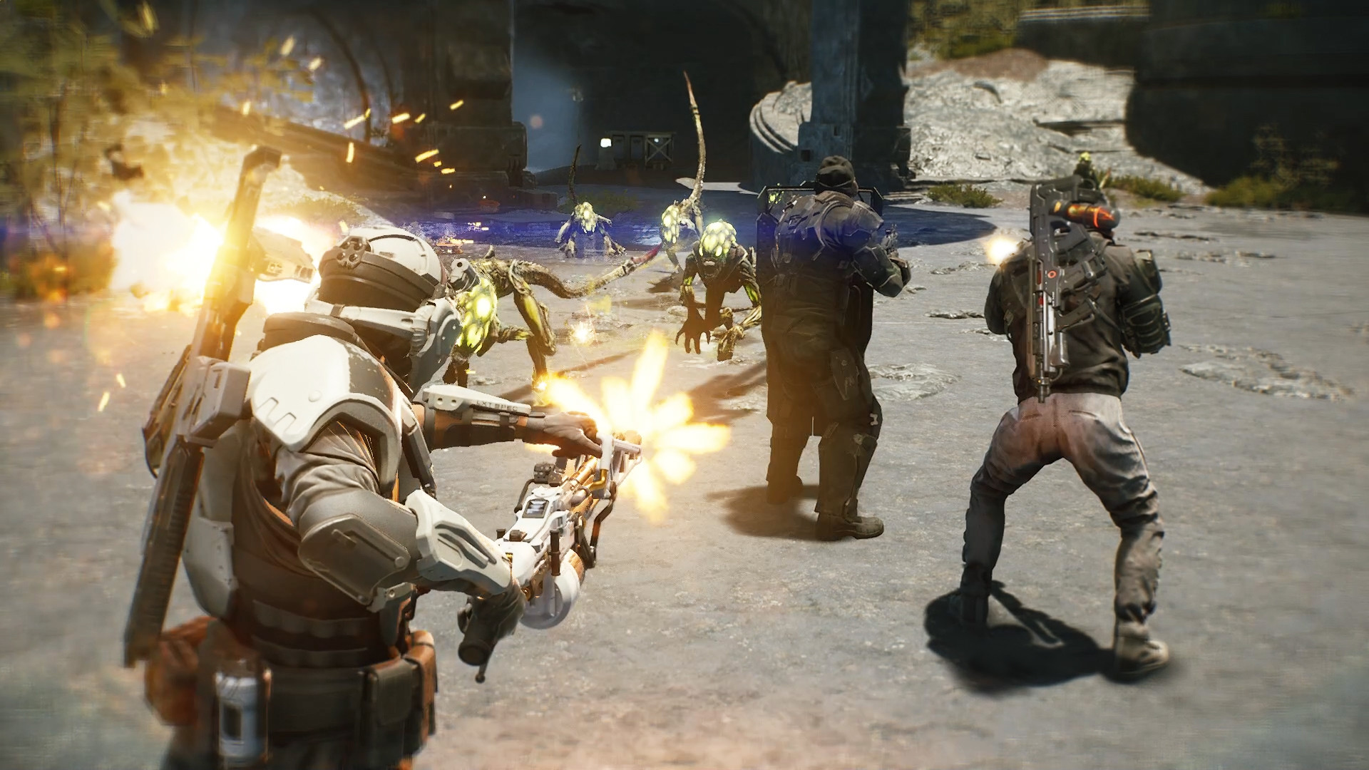 Marines fire on creatures in an outdoor combat zone.