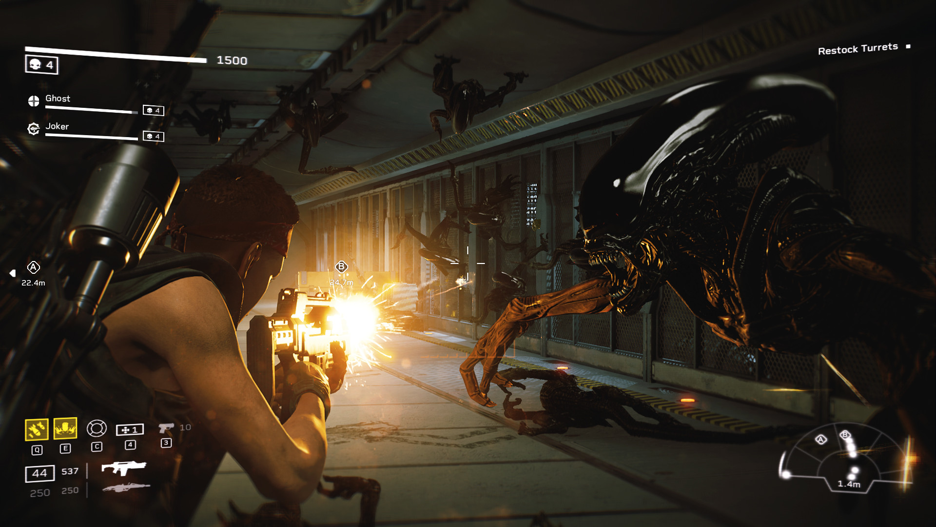 A Marine fires toward a Xenomorph emerging inside a corridor.