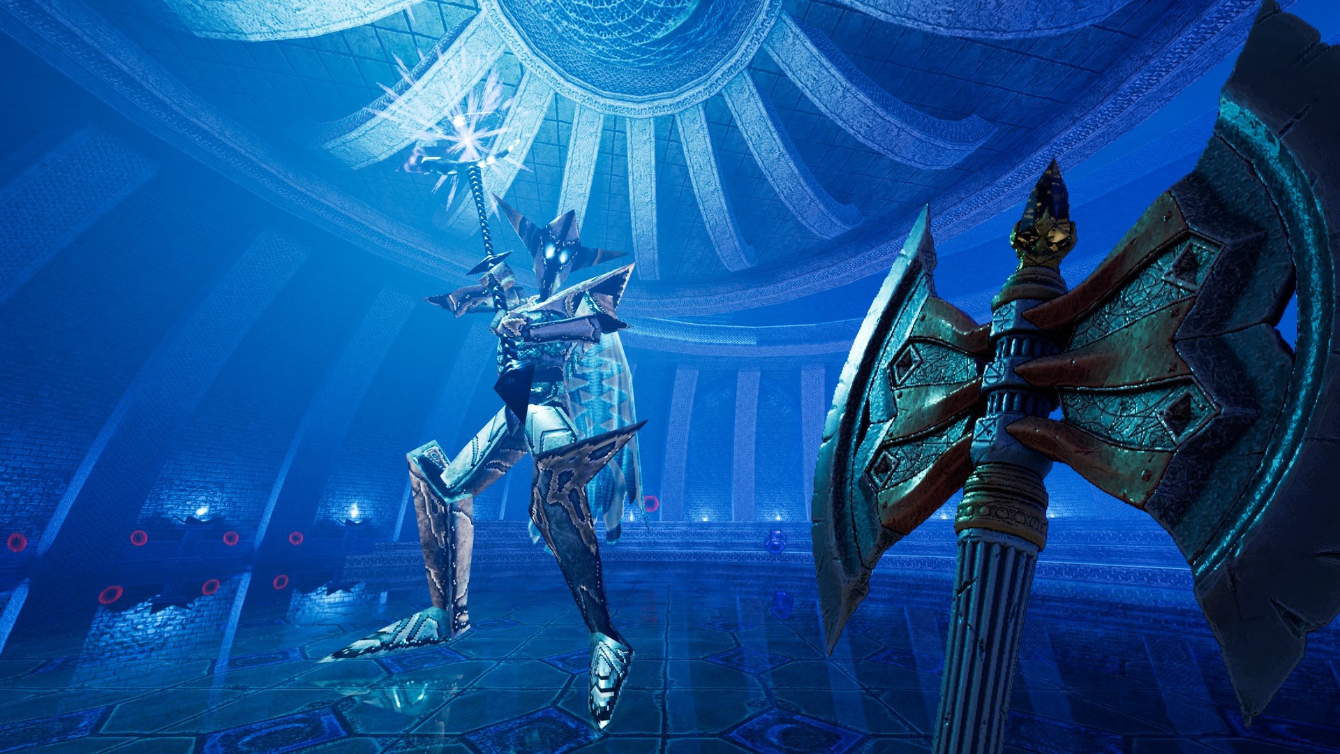 An armoured figure faces the player inside a blue-lit chamber.