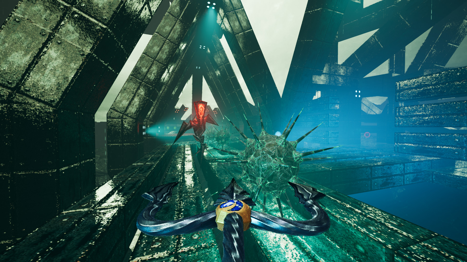 A spiked creature blocks a raised path among angular structures.