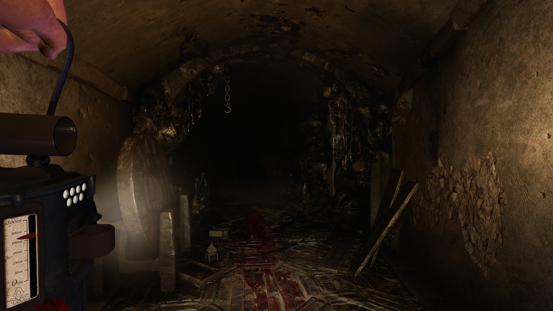 A device illuminates a dark tunnel beneath the ruins.