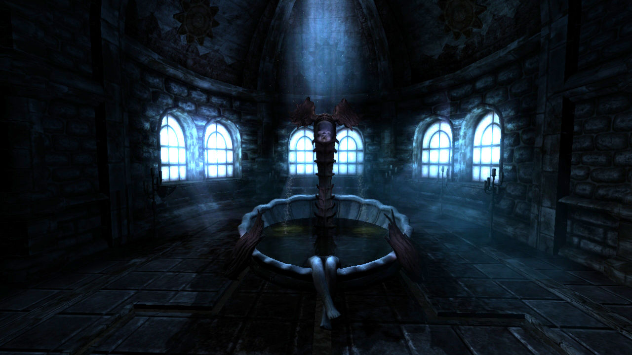 Blue light falls through windows onto a stone room.