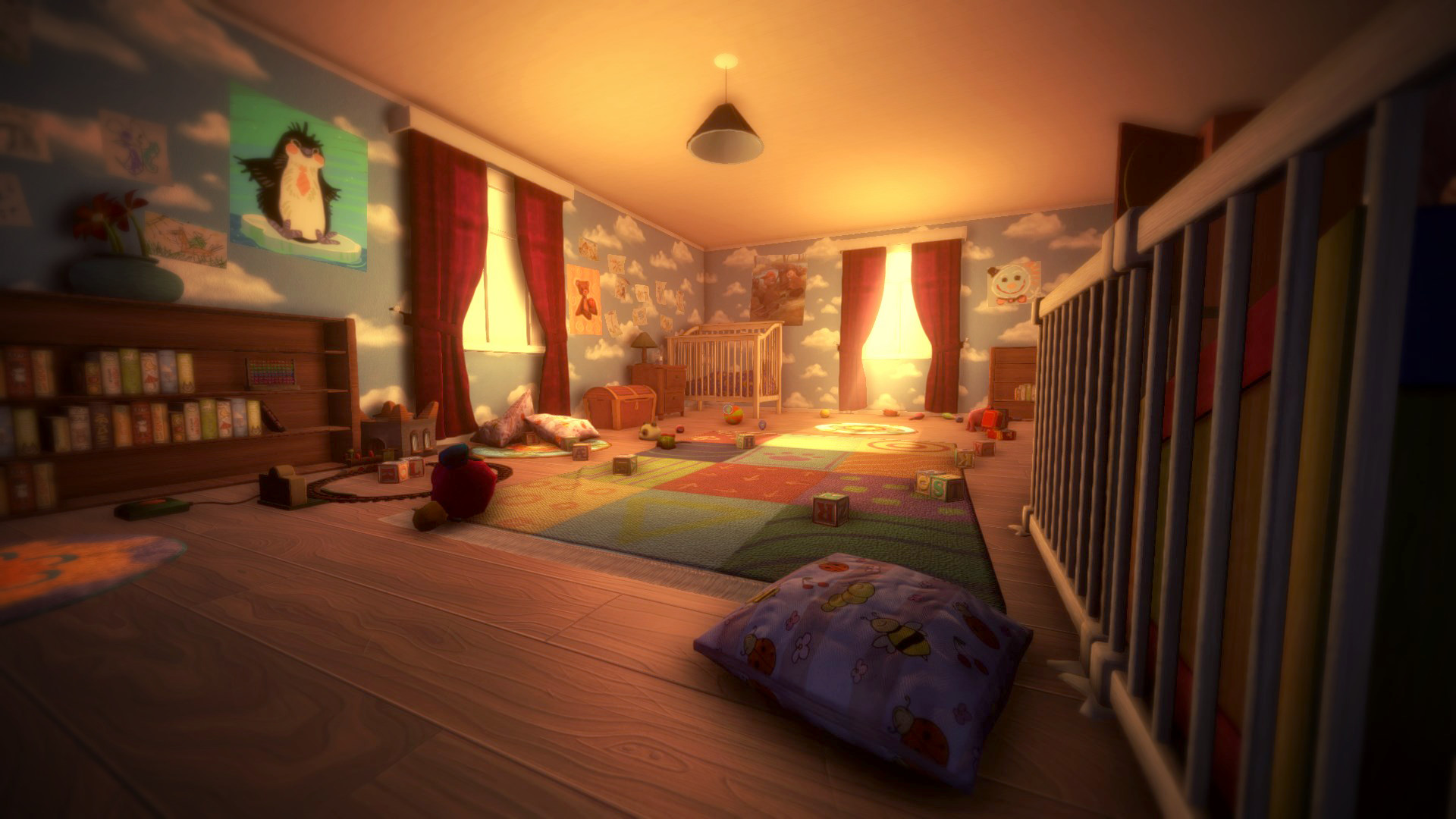 A child’s bedroom is seen from a low viewpoint.