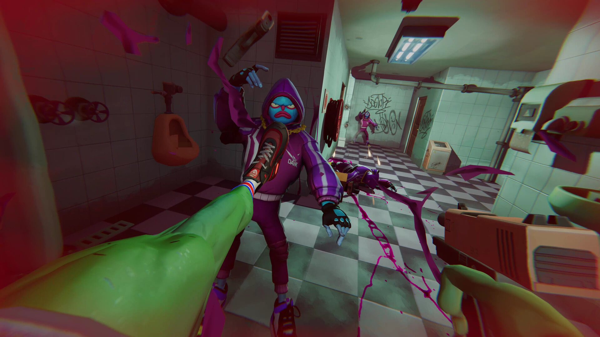 The player kicks toward an armed character in a tiled room.