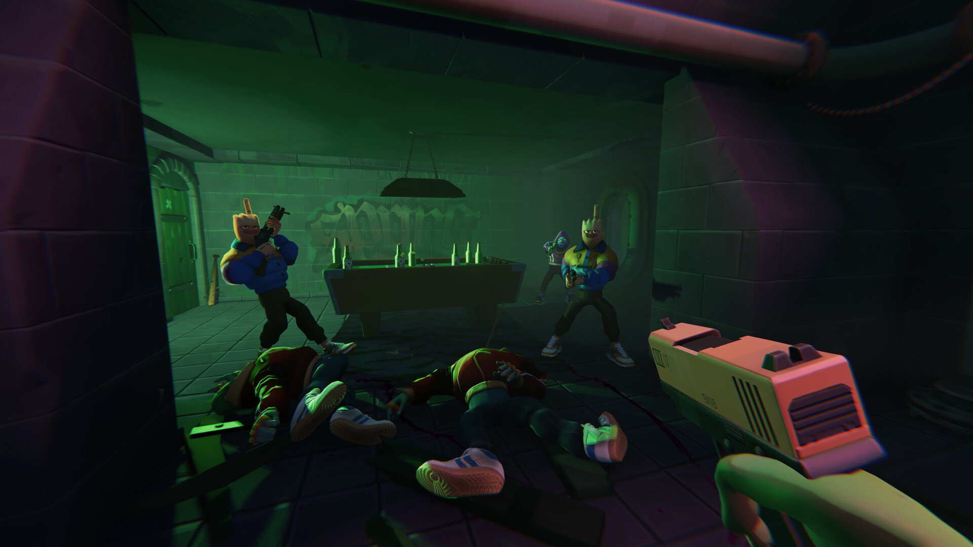 The player confronts two enemies in a dark green room.