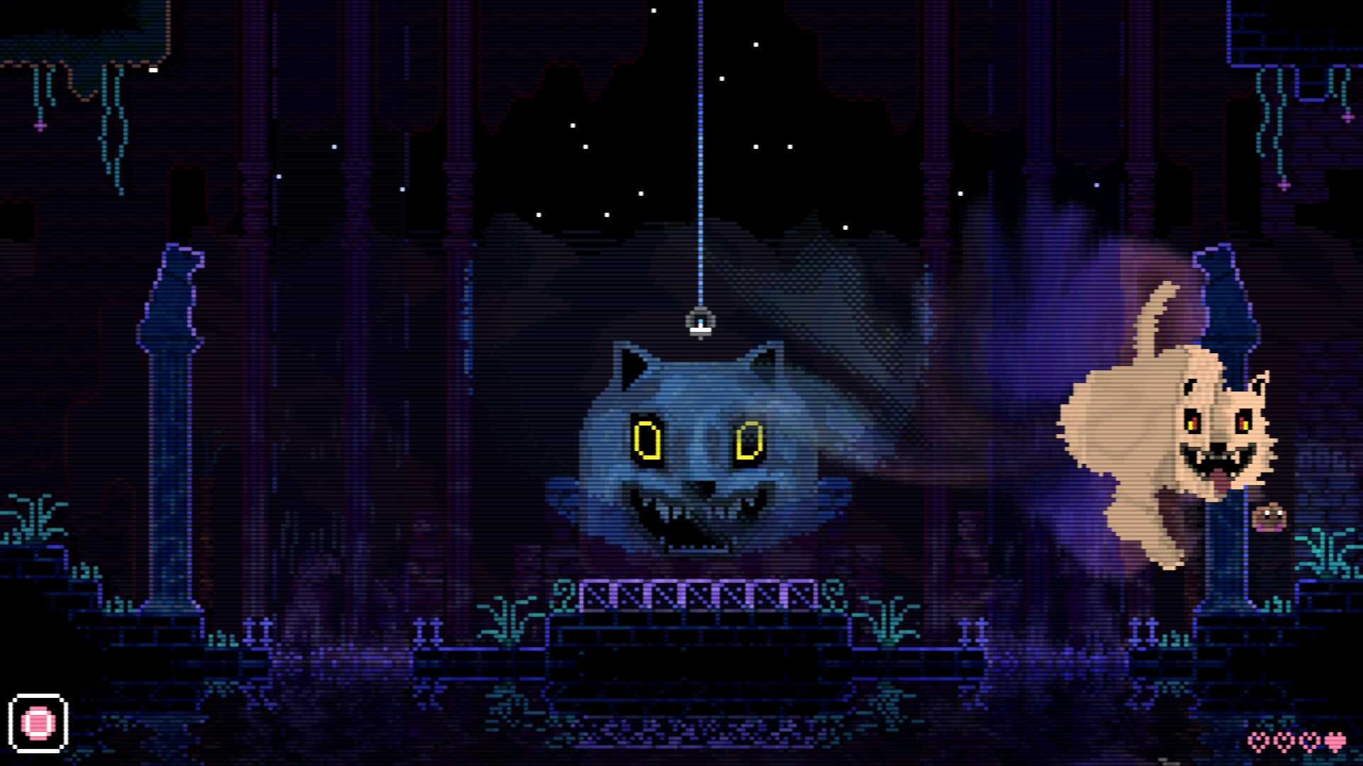 A small creature faces a large animal in a dark, illuminated chamber.