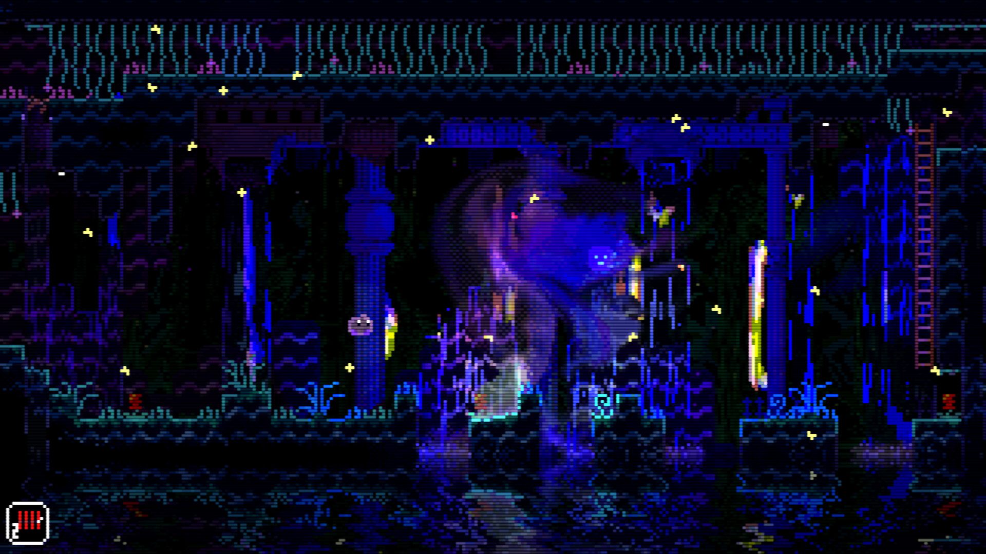 A blue-lit underground chamber contains platforms, a ladder and a large shadowy creature.