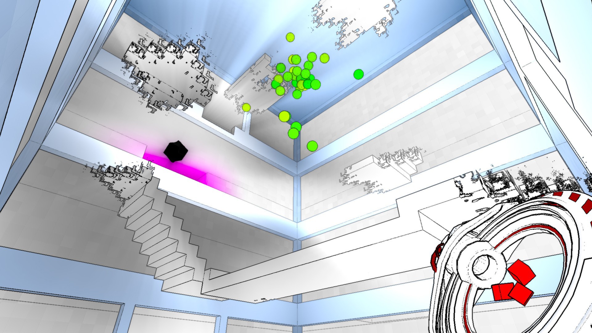 A first-person puzzle room contains floating green blocks.