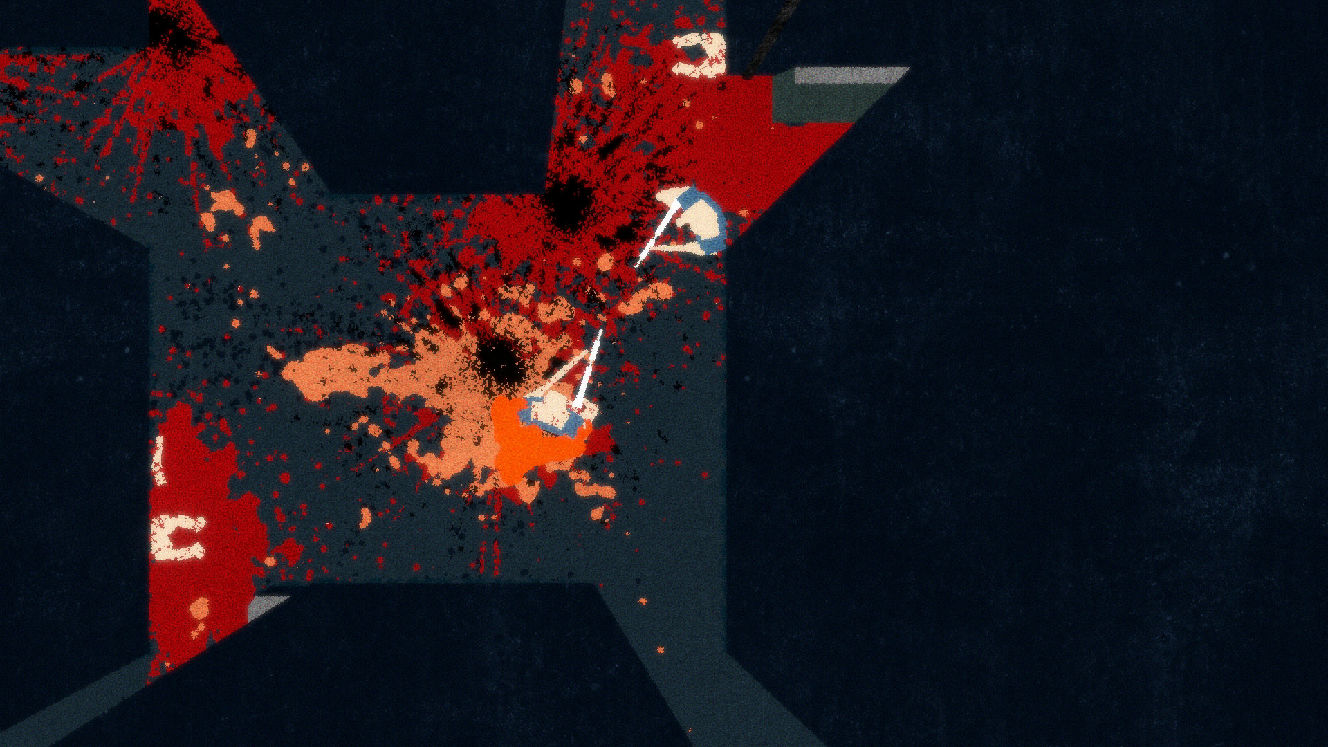 An overhead view shows a violent escape through a dark corridor.